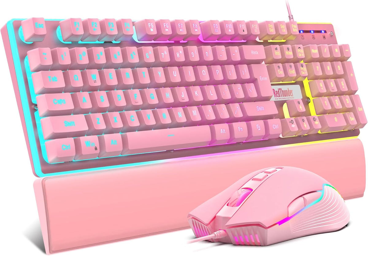 RedThunder K10 Wired Gaming Keyboard and Mouse and Wrist Rest Combo, RGB Backlit, Mechanical Feel Anti-ghosting Keyboard + 7D 7200 DPI Mice+Soft Leather Wrist Rest 3 in 1 PC Gamer Accessories(Black)