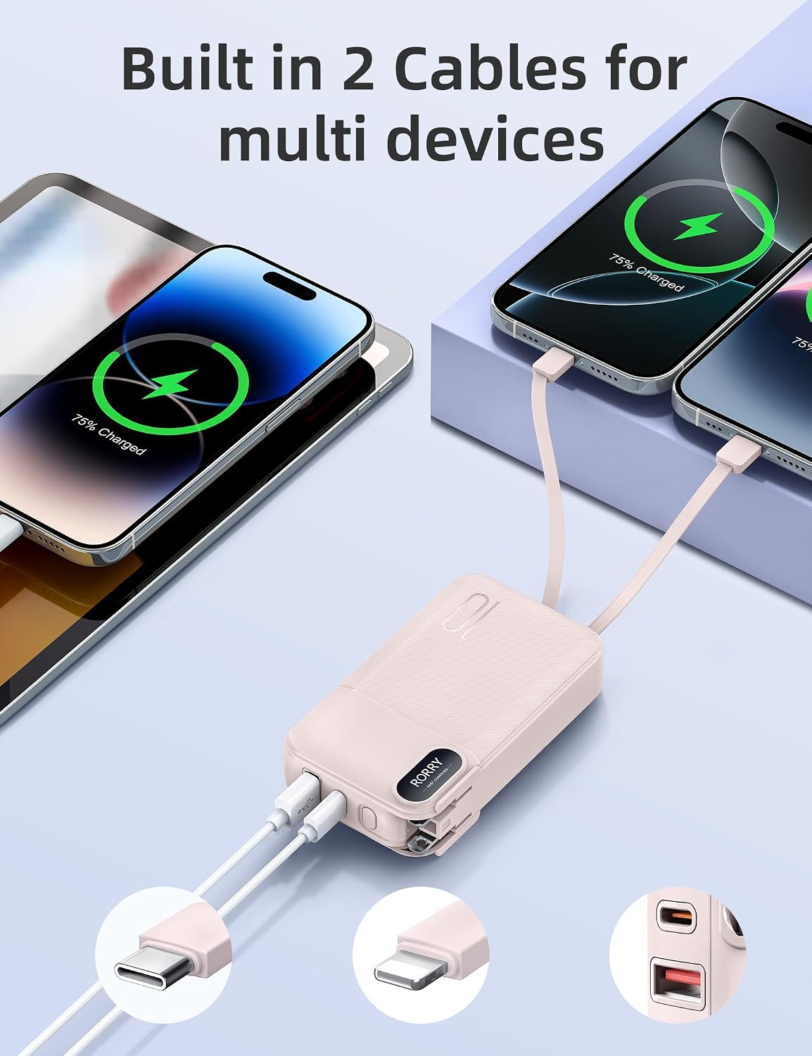 RORRY Portable Charger w/Wall Plug 10000mAh Power Bank 22.5W Battery Pack | Built in Cables, Fast Charging, for iPhone, iPad, Samsung Galaxy, Pixel, LG, Travel Essential, Digital Display, Pocket Size