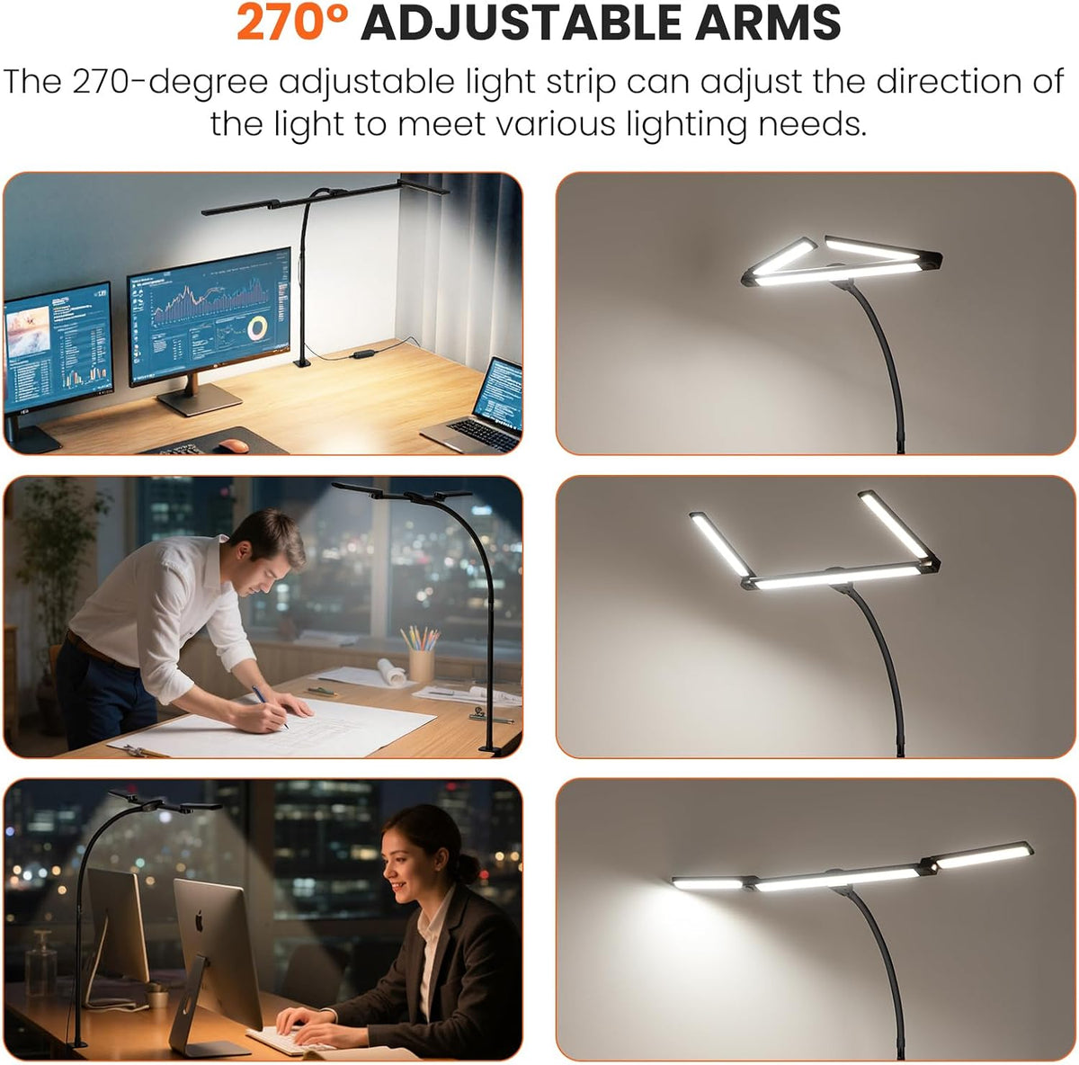 LED Desk Lamp for Office Home, 3 Head Adjustable Desk Light with Adapter