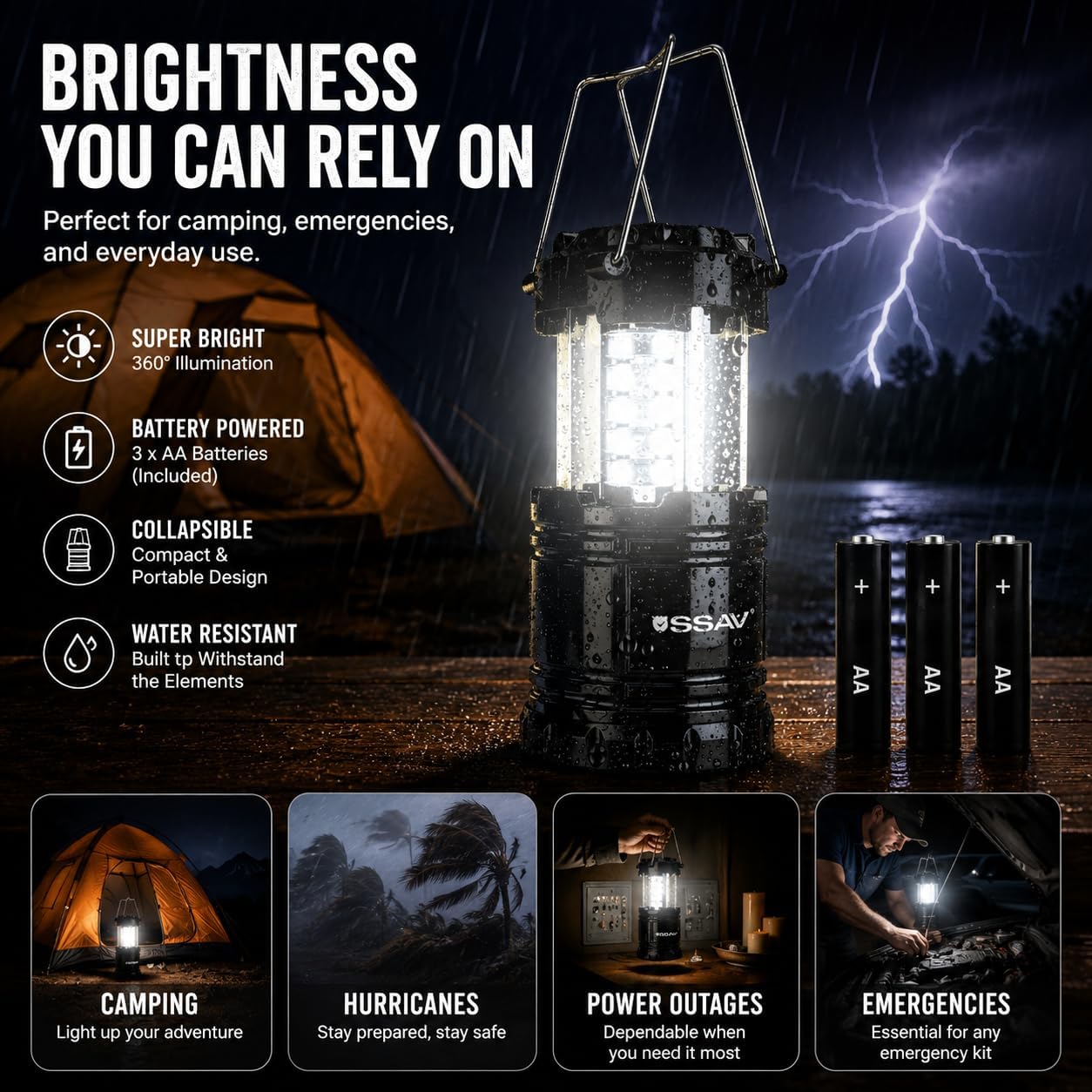 SSAV LED Camping Lantern, Emergency Lanterns for Power Outages & Hurricane Preparedness, Collapsible Portable Survival Lights for Camping, Storms & Emergencies, Batteries Included (4, Black)