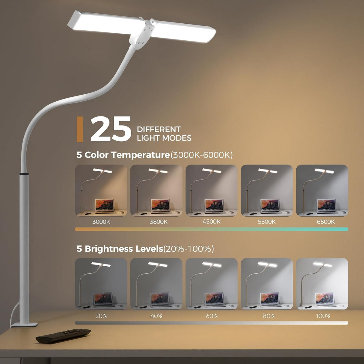 Motumen Led Desk Lamp for Home Office, Eye-Care Desk Light Clamp, White
