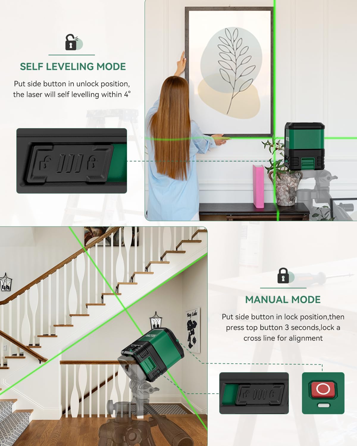 Laser Level, Self-leveling Green Line Laser With Horizontal and Vertical Lines for Construction and Picture Hanging, Battery Included (NK01G)