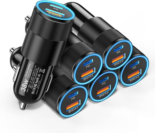 6 Pack USB C Car Charger, Ancekoy 38W USB-C + USB-A Car Charger Adapter | Fast Charge PD/QC 3.0 Cigarette Lighter Adapter USB Charger Plug for iPhone 17/16/15/14/13/12/11/Pro Max, iPad, Samsung