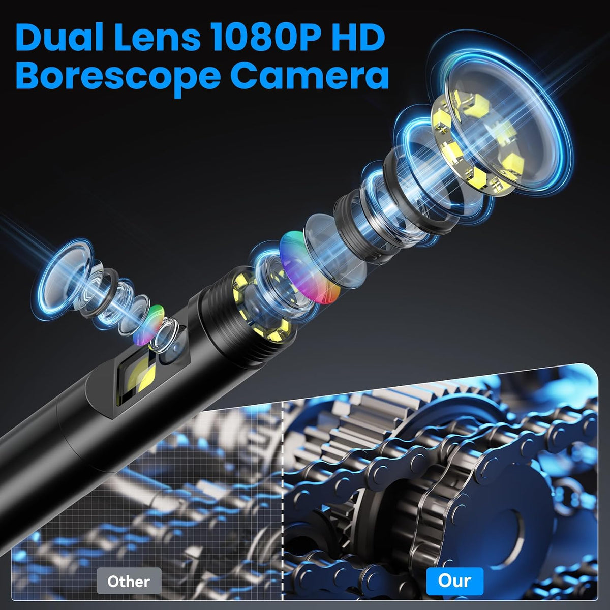KIRFEIHT Endoscope Camera with Light, Dual Lens Borescope Camera with Light | IP67 Waterproof Inspection Camera with 32GB Card, 16.4FT Semi-Rigid Snake Cord, Android & PC Compatible for HVAC Automotive