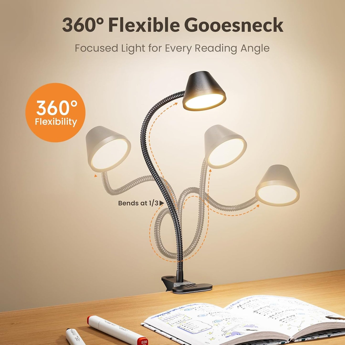 LEPOWER Clip on Light, Reading Lights for Books in Bed, 400LM, RG0 Eye-Care | 5 Colors & Stepless Dimming, Amber Glow Light & Auto Timer, Up to 2.3" Strong Clamp with Adapter for Headboard, Bedside, Desk