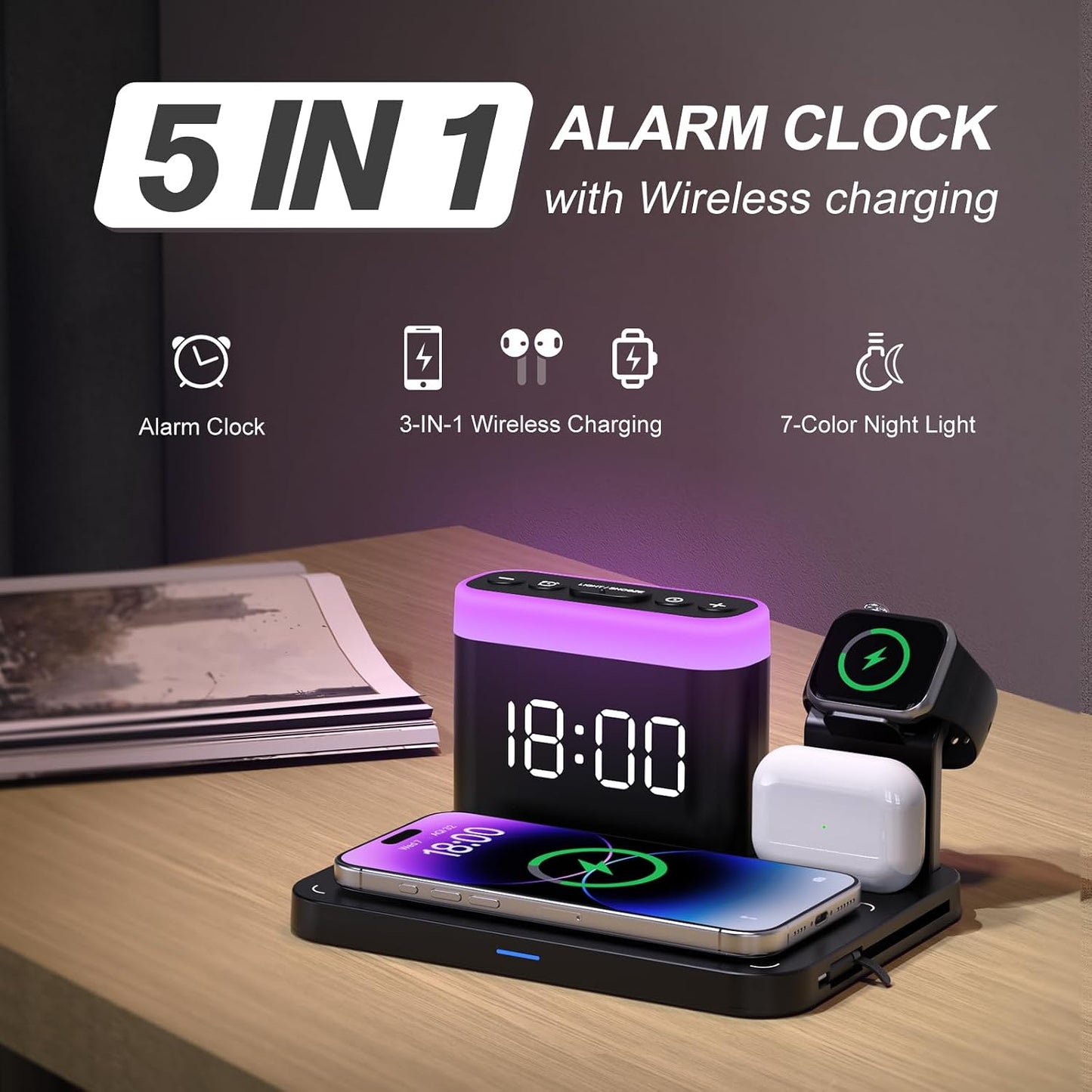 ANJANK Wireless Charging Station,5 in 1 Multiple Charger Stand with Alarm Clock,7 Night Light,Magnetic Charging Dock for iPhone 17 16 15 14 13 12 Pro Max Plus,Apple Watch 11/10/9/8,for Airpods,Bedroom