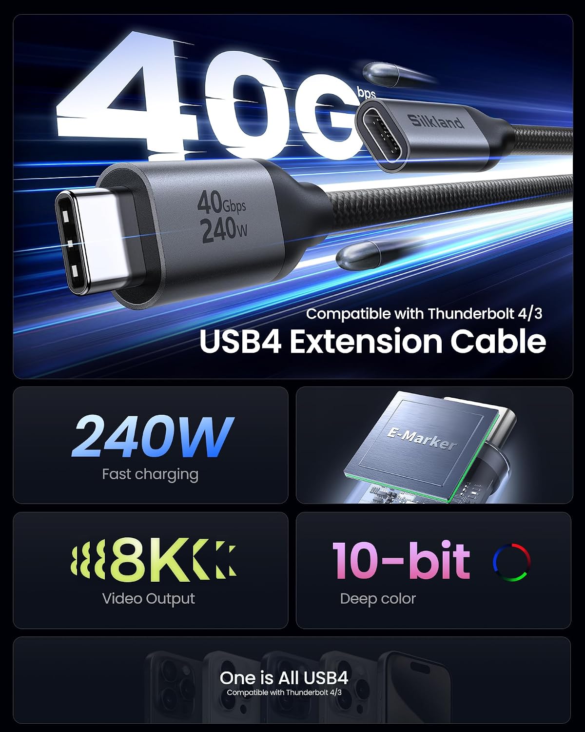 Silkland 40Gbps USB 4 Extension Cable for Thunderbolt 4, [240W Charging, 8K 60Hz] USB C Extender 3.3ft, 4K@240Hz Type C Male to Female Adapter Compatible for USBC Hub, iPhone 17/16, MacBook, iPad