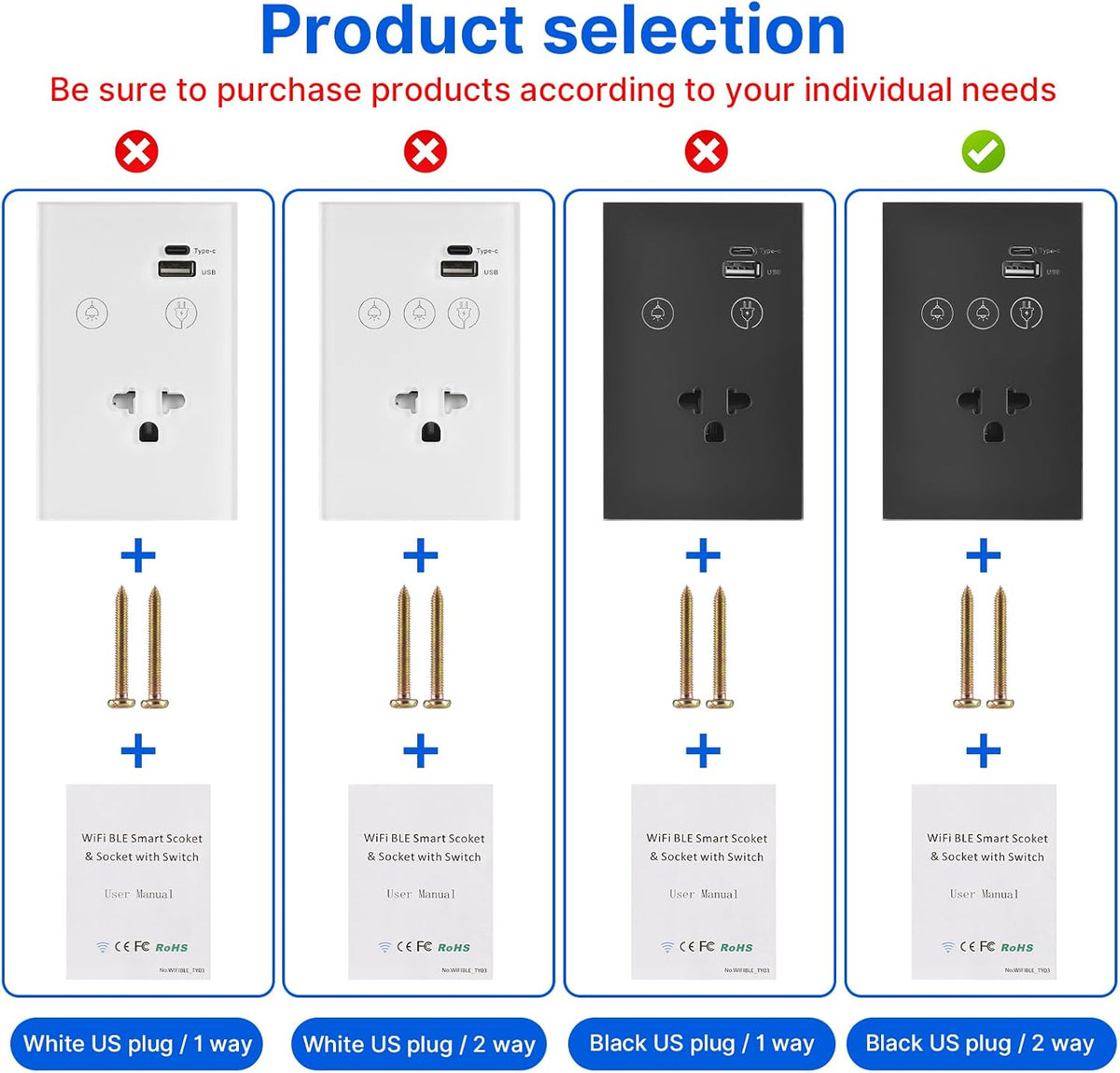 2.4GHz WiFi Light Switch with Type-C USB Power Outlet Neutral Wire Required 2 Way Control Tempered Glass Panel Timing Light Switch APP Voice Remote Control Smart Home Devices