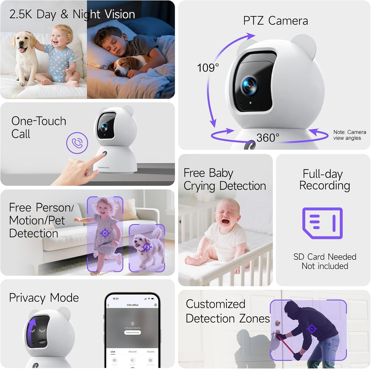 2.5K Indoor Security Camera, Free AI Person/Pet/Cry Detection, 4MP Baby Monitor/Dog/Cat/Pet Camera with Phone App, Pan Tilt 2.4GHz WiFi, Night Vision, Full Duplex Audio for Home Security