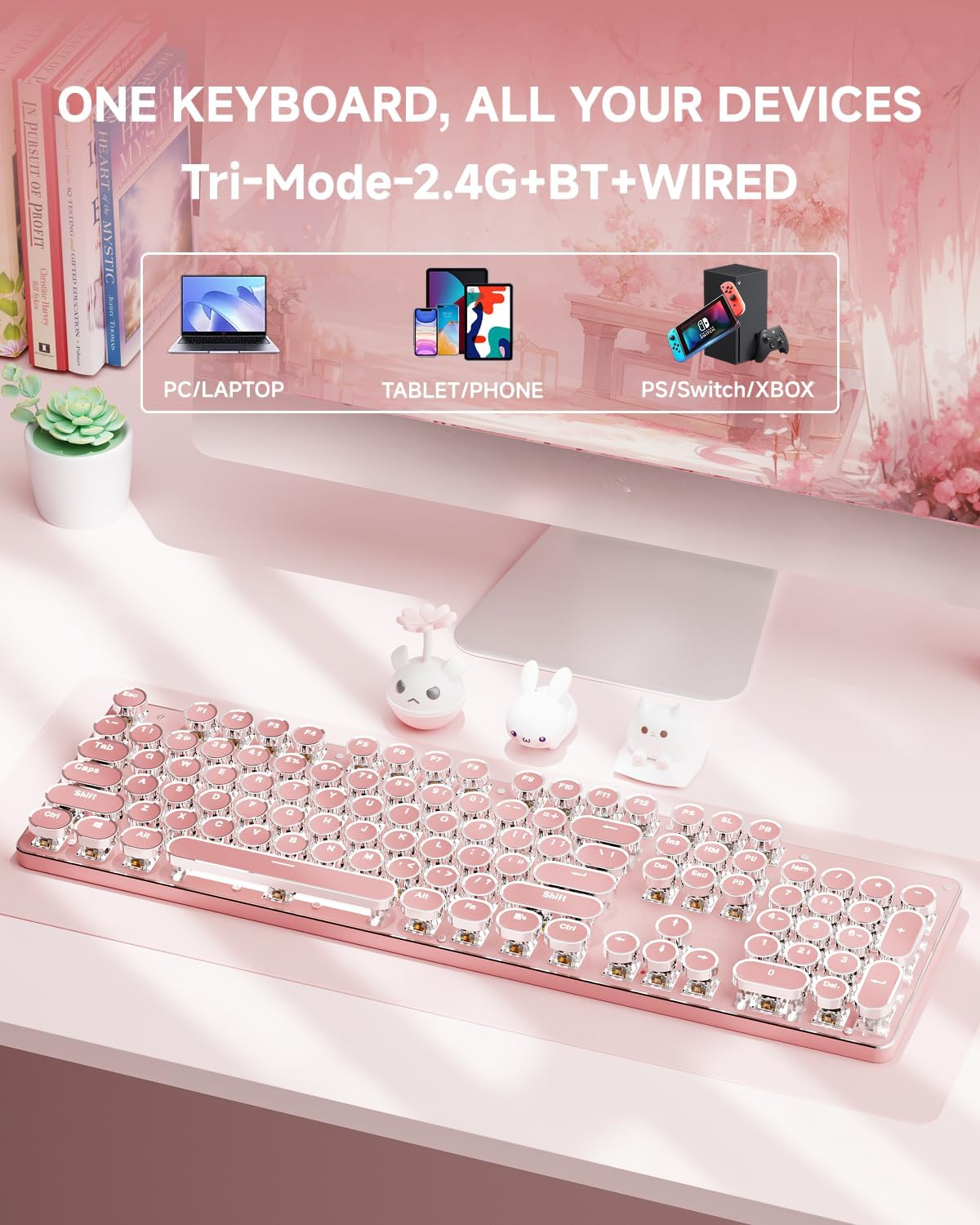 TK950 Typewriter Wireless Mechanical Keyboard, Aesthetic Tri-Mode Bluetooth/2.4G/Wired Retro Punk Typewriter Keyboard with White Backlit, Blue Switch, Round Keycaps for Laptop/Mac/iPad/Win, Pink