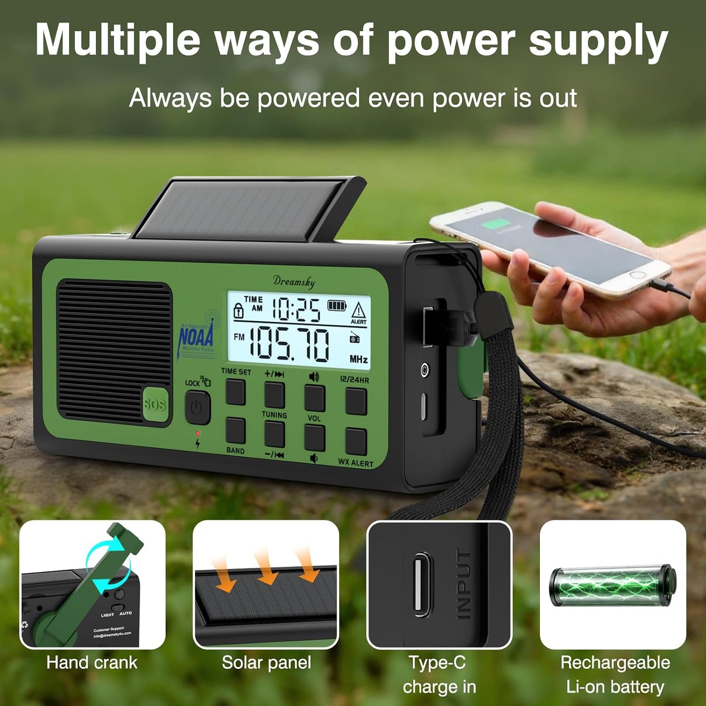 DreamSky Hand Crank Emergency Weather Radio NOAA Alert with Solar Powered | Portable Radio AM FM SW, 18500mWh Rechargeable Battery Operated, Loud SOS Alarm, Flashlight & Reading Lamp, USB Port