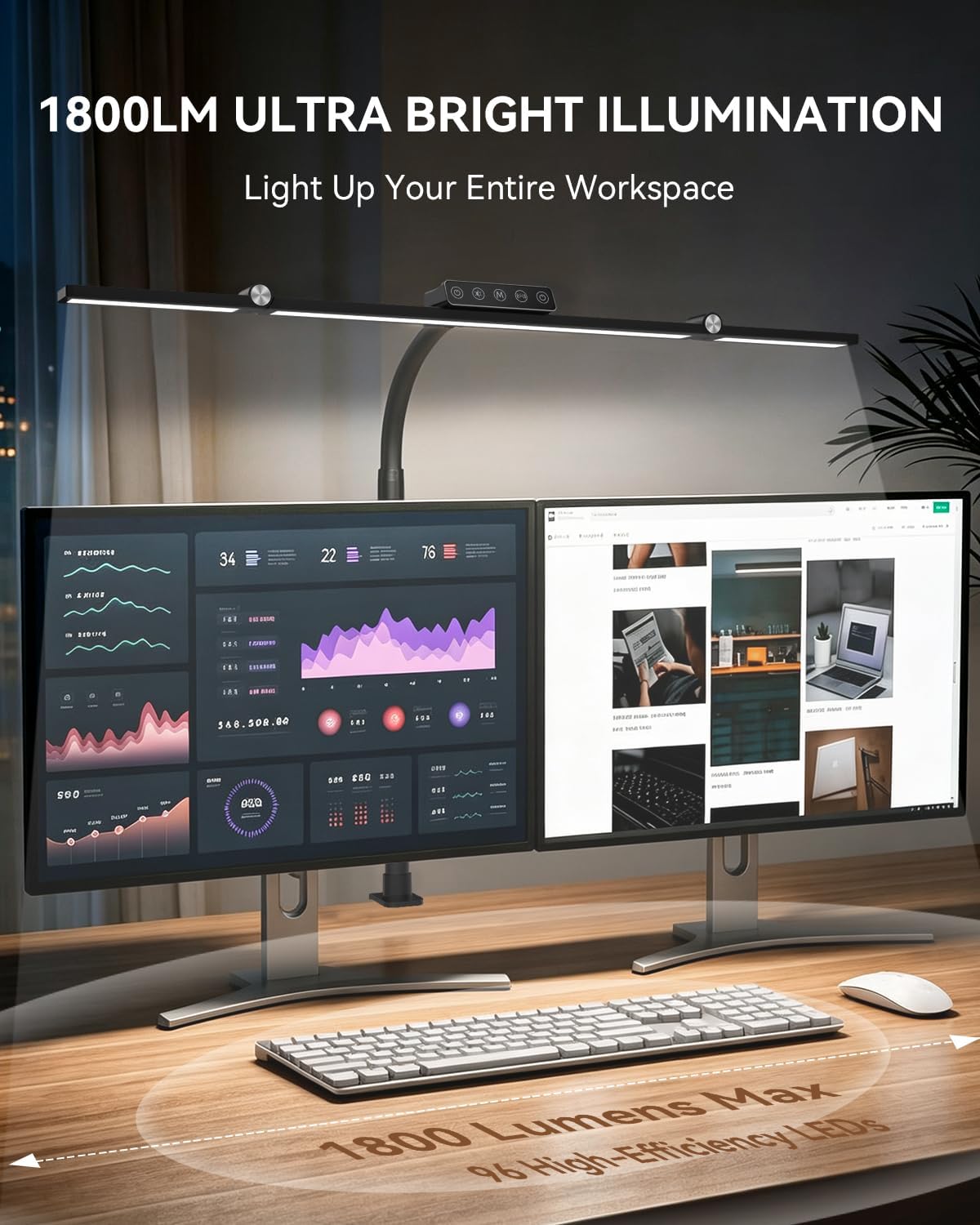 LED Desk Lamp with Clamp, 24W 3-Panel Light for Dual Monitors