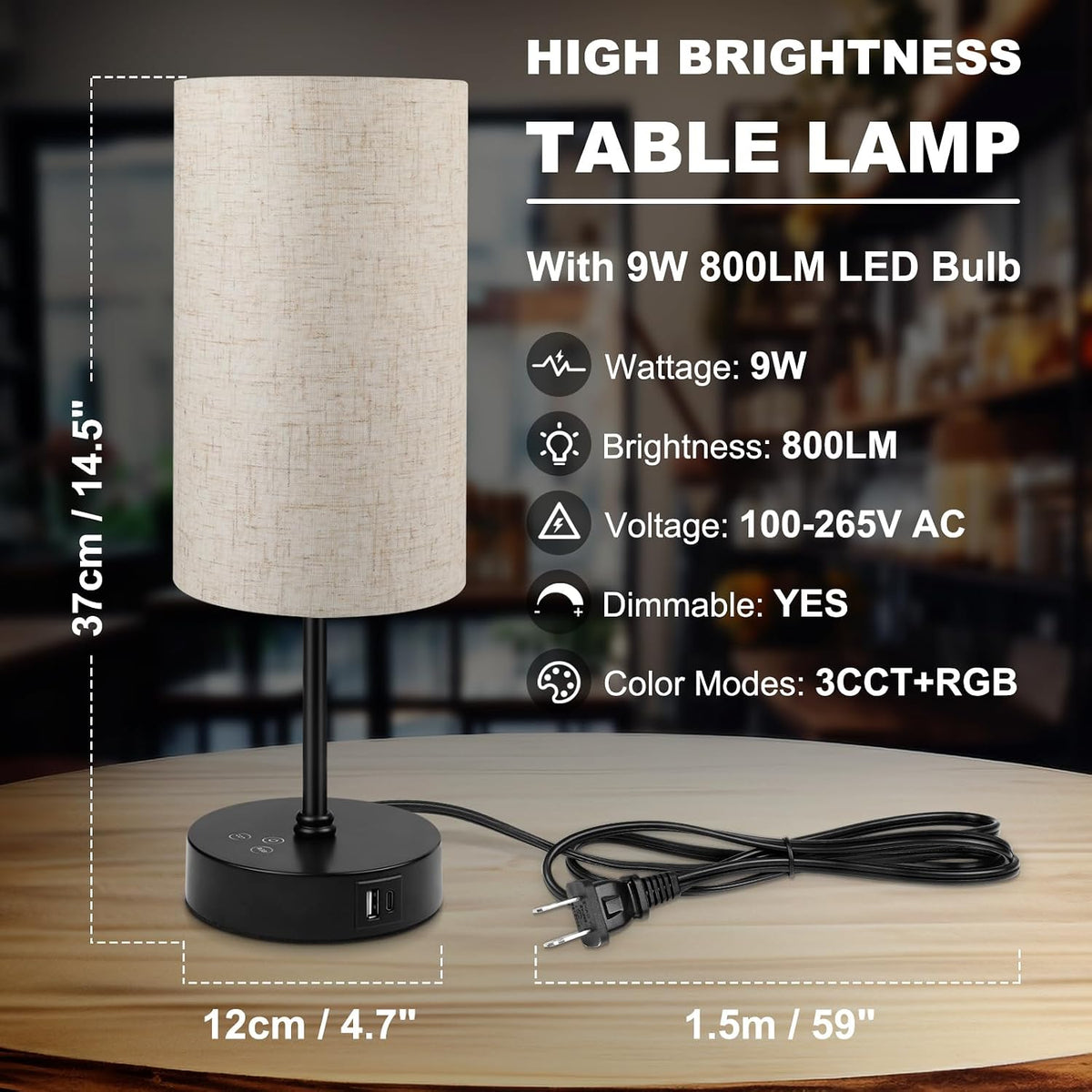 Table Lamp, 3 CCT 3000K/4500K/6500K & RGB Color Changing, Stepless Dimmable Small Bedside Lamp for Reading, Ambience Nightstand Light for Home Decor Party, Beige Shade