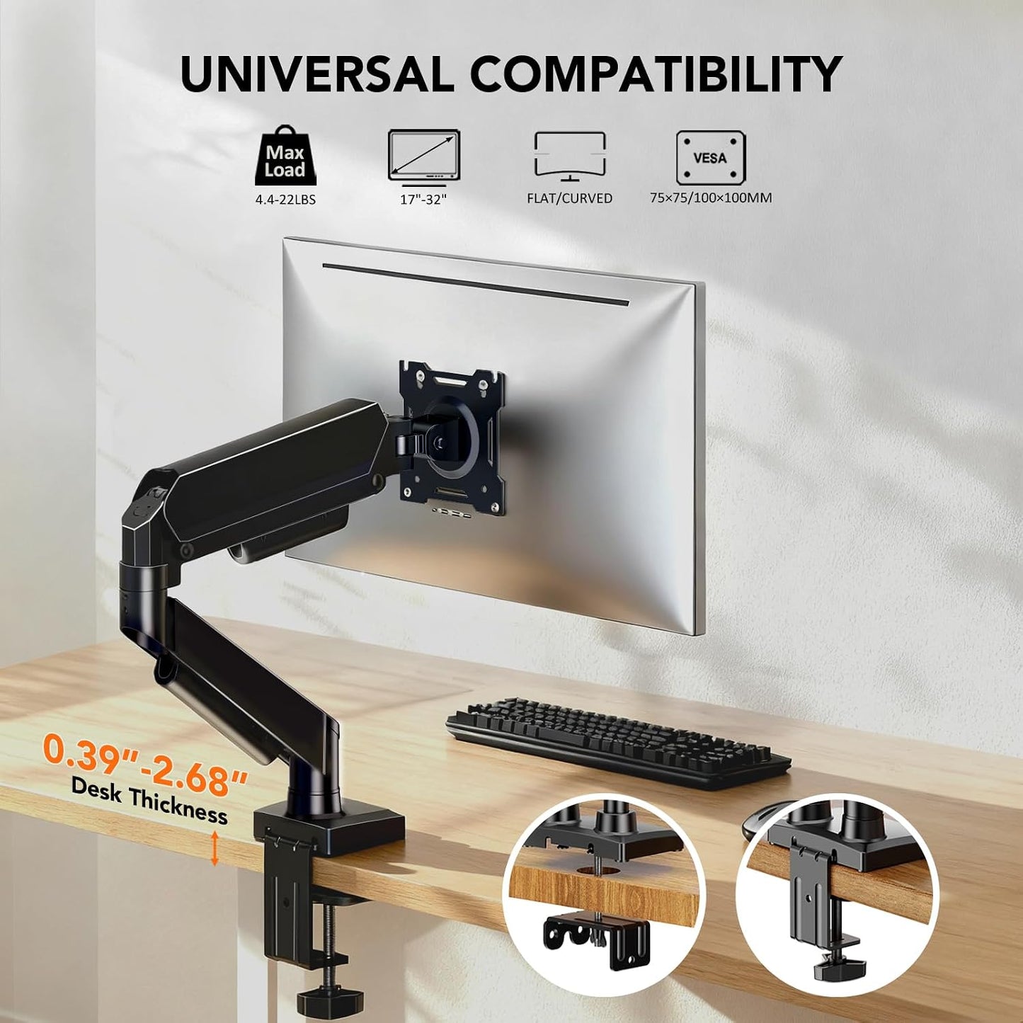 Single Monitor Mount, Gas Spring Arm for 17-32 inch Screens Adjustable Monitor Stand, Vesa Mount Stand with Clamp and Grommet Aluminum Base - Fits 4.4 to 22lbs LCD Computer Monitors HD09B-001
