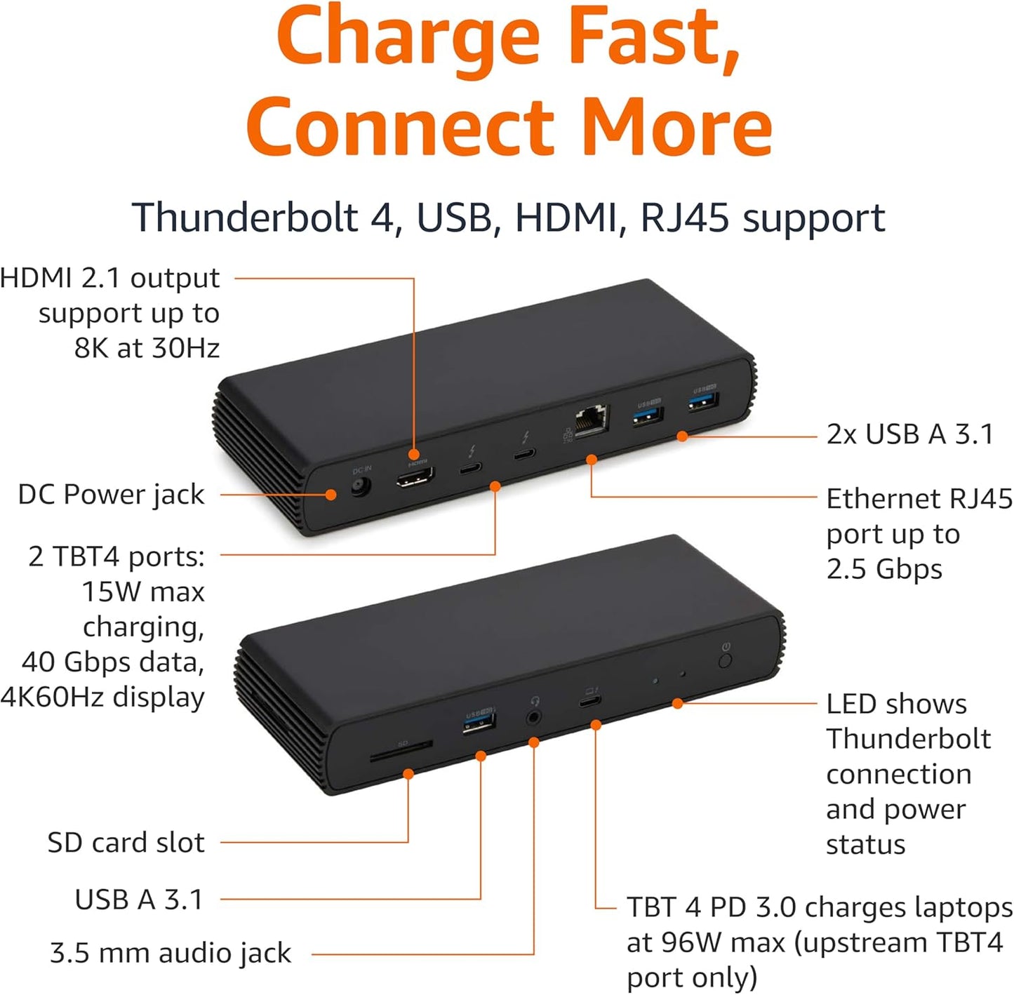 Amazon Basics Thunderbolt 4 Pro Docking Station, Dual 4K Monitor Support, 8K Display, 2xTBT4, 1xHDMI2.1, 3xUSB A 3.1, RJ45 Ethernet, Black, 7.86 x 2.95 x 1.23 inches