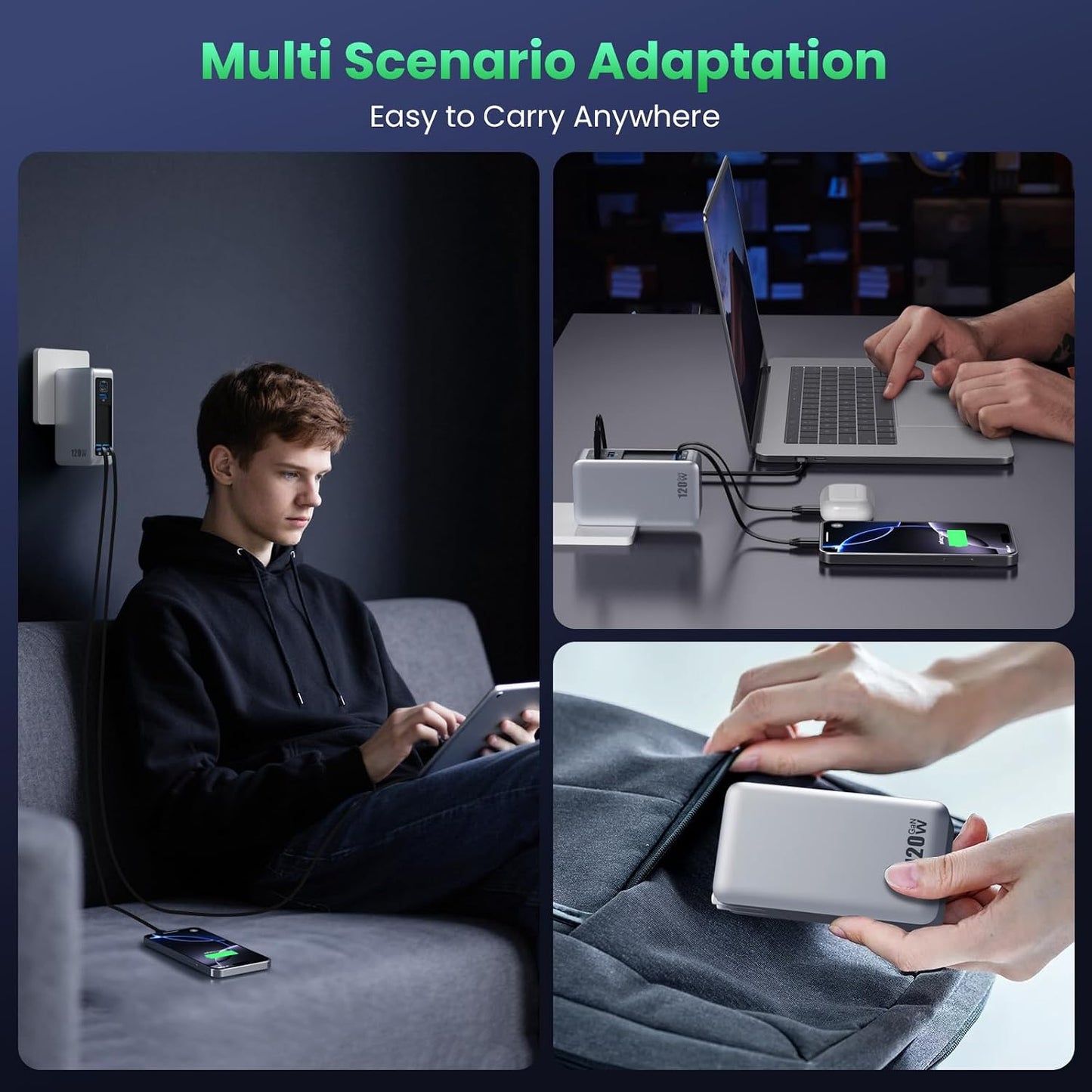 120W USB C Charger Block with 2 Built-in Retractable Cables,4-in-1 GaN IV Foldable Plug Wall Charger Fast Charging Station,PD 65W Laptop Adapter for MacBook/iPad,iPhone 17/16/15/14,Galaxy,Android etc
