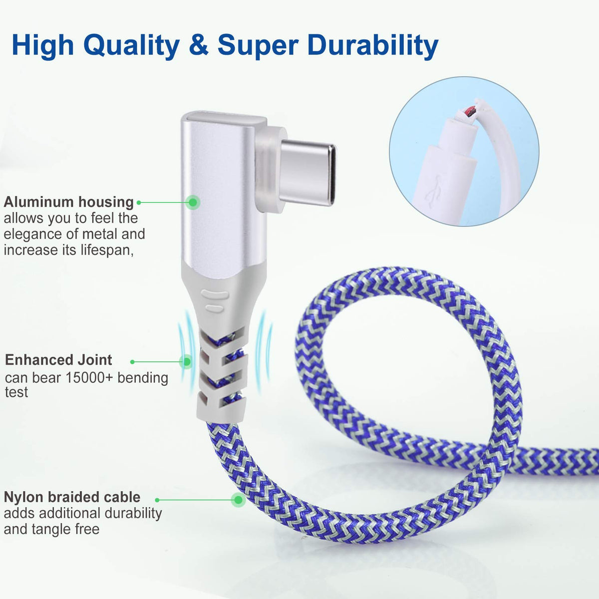 USB C Cable Fast Charging,3Pack 10ft Nylon Right Angle USB A to USB C Cable