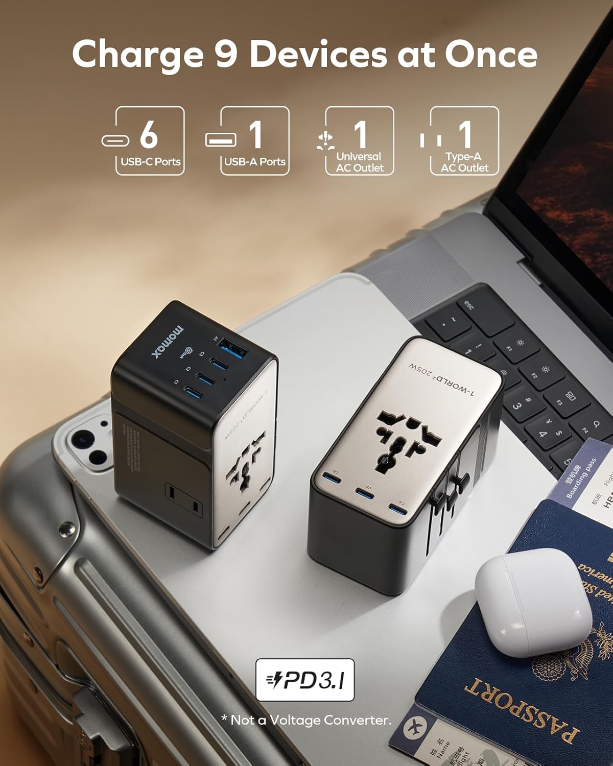 Momax 9-in-1 High-Power Universal Travel Adapter, 205W GaN Worldwide Charging Hub with 6 USB-C & 1 USB-A, AC Outlet, Type A/C/G/I Plugs for 200+ Countries, Safe for Laptops, Phones, Cruise Ready