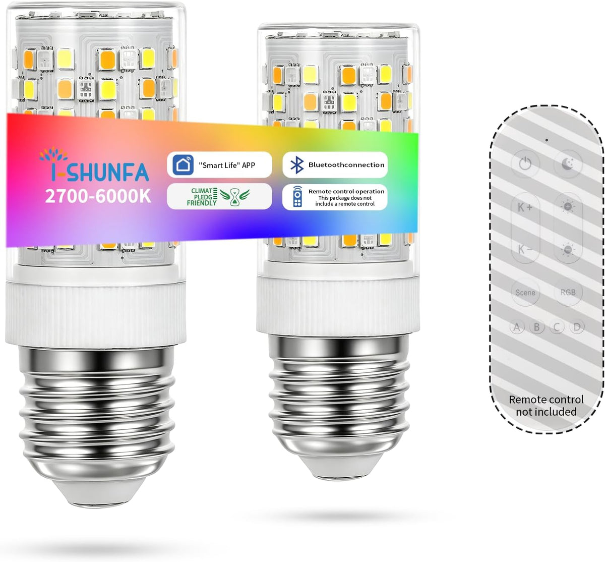 I-SHUNFA E26 Smart Bulb 2 Pack, Bluetooth App Control