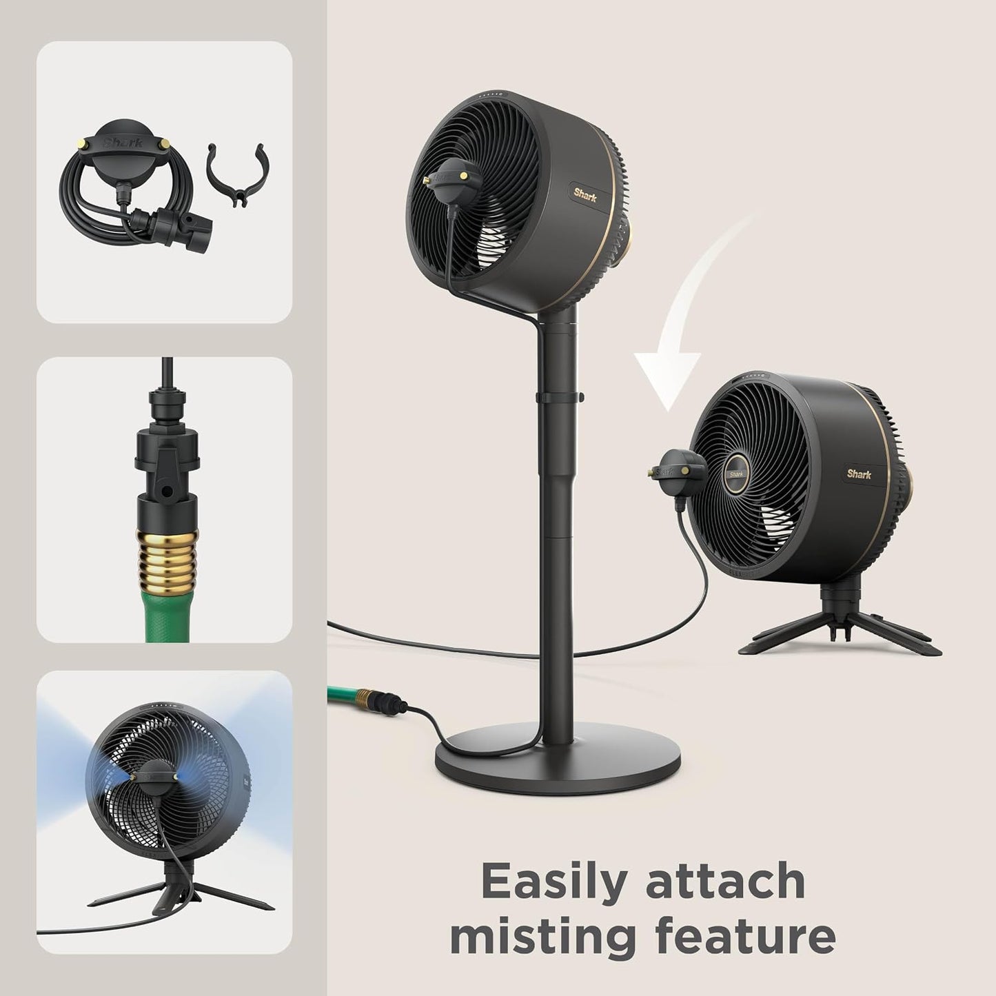 Shark FlexBreeze 2-in-1 Fan with Misting Attachment, Charcoal, FA222 | Corded/Cordless, Pedestal to Tabletop, up to 24-Hr Battery, up to 70 Ft of Power, 5 Speeds, with Outdoor Misting Attachment