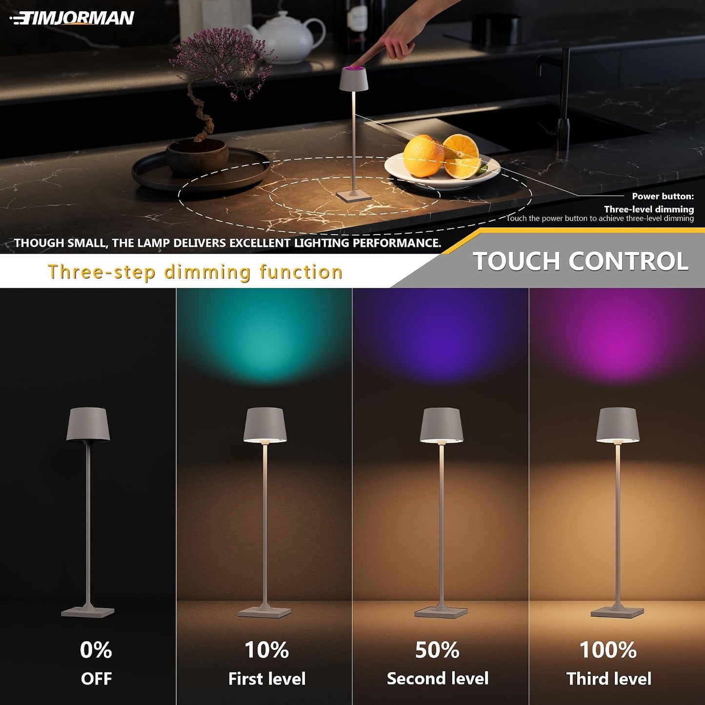 Timjorman Compact Cordless Table Lamp, Rechargeable LED Night Light, Dual Light Source (RGB Top & Warm Bottom), Touch Control & Timer, Metal Lamp for Bedroom & Kids Room (Greige 1PACK)