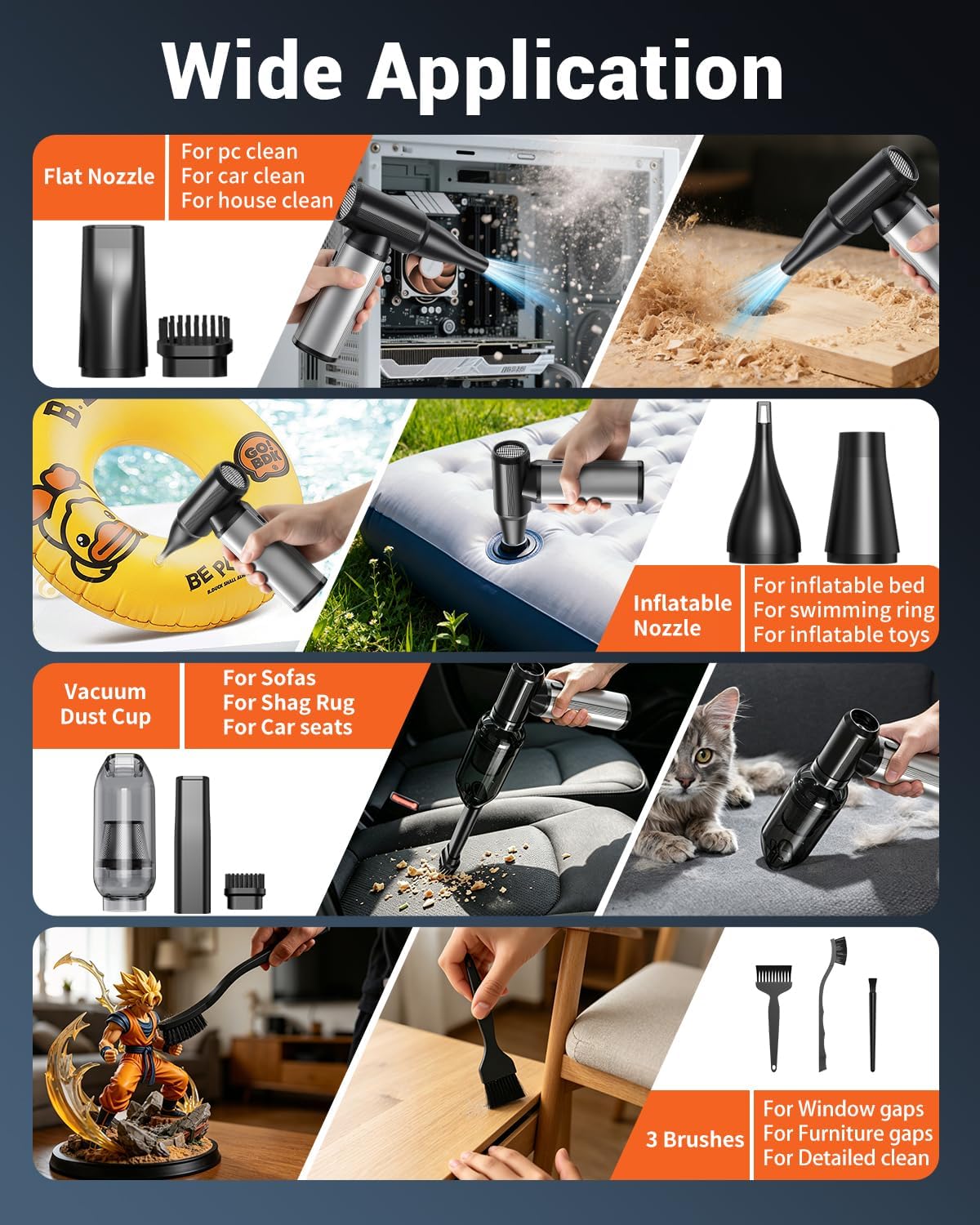 Compressed Air Duster & Vacuum, 320000RPM Rechargeable Electric Blower | Ergonomic Aluminum Alloy Grip, Brushless Motor, 3-Gear Adjustable Dust Blower for Keyboard, PC, Car, Home, outdoor Cleaning