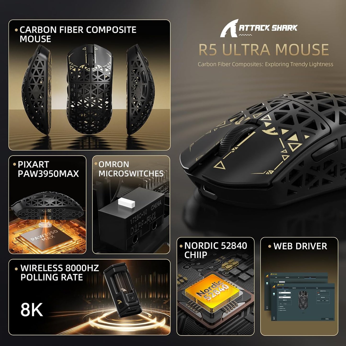 ATTACK SHARK R5Ultra 8K Carbon Fiber Wireless Gaming Mouse, Black | 42K DPI,PAW3950 MAX Sensor,39g Ultra-Lightweight,Nordic 52840 MCU Chip,Wired/BT/2.4GHz Wireless Programmable Mice for PC/Mac