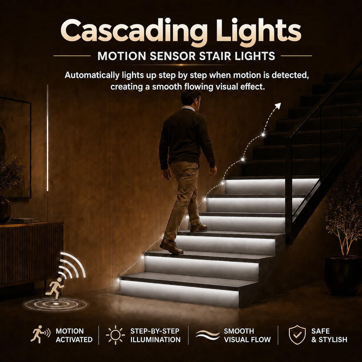 Stair Lights Indoor Motion Sensor Smart Interior Led Step Lights16 Stairs 40 Inch Length Cuttable Led Light Strip for Staircase Scene (Cool White 6000K, 20 Stairs)
