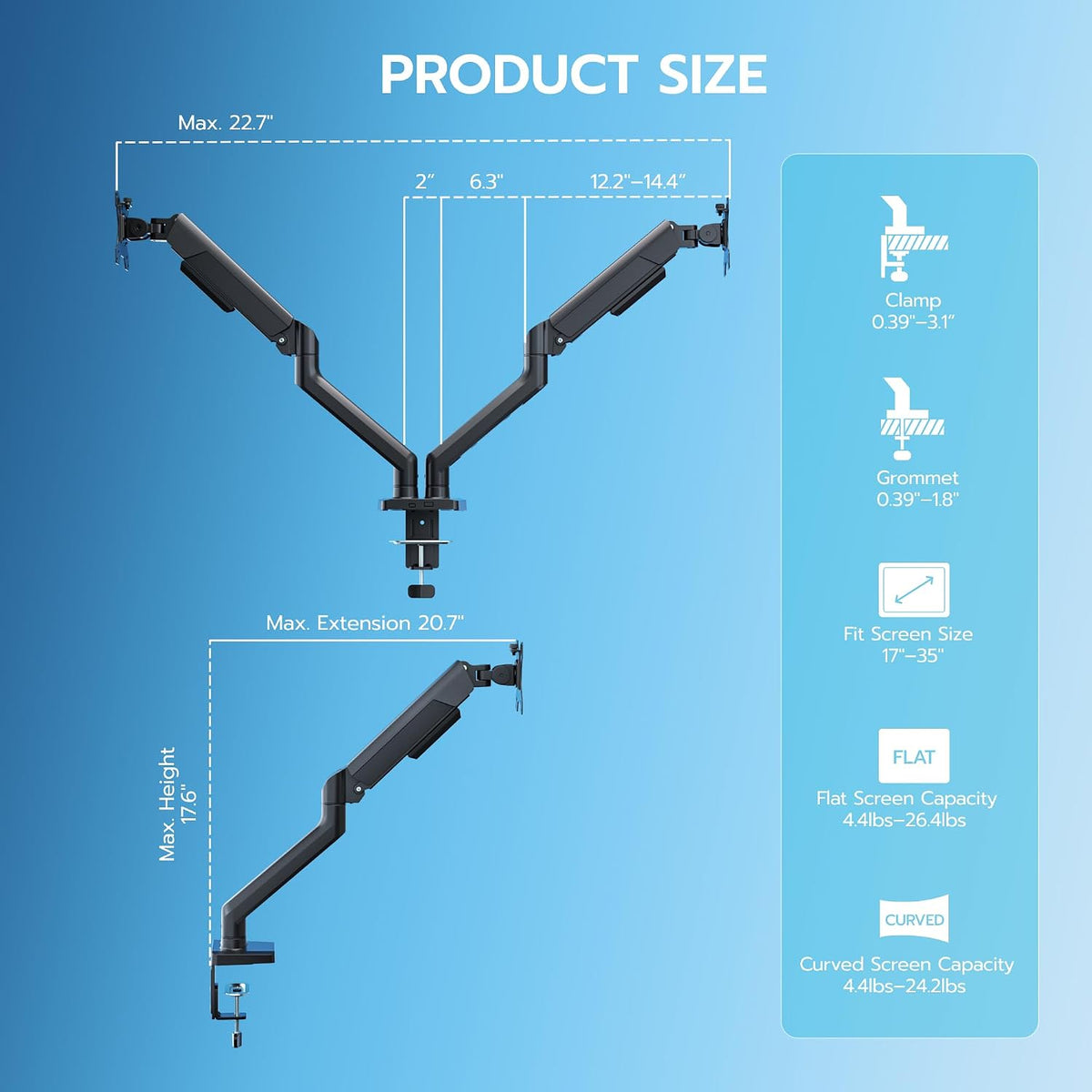 ARES WING Dual Monitor Mount for 17-35 inch Monitors, Black