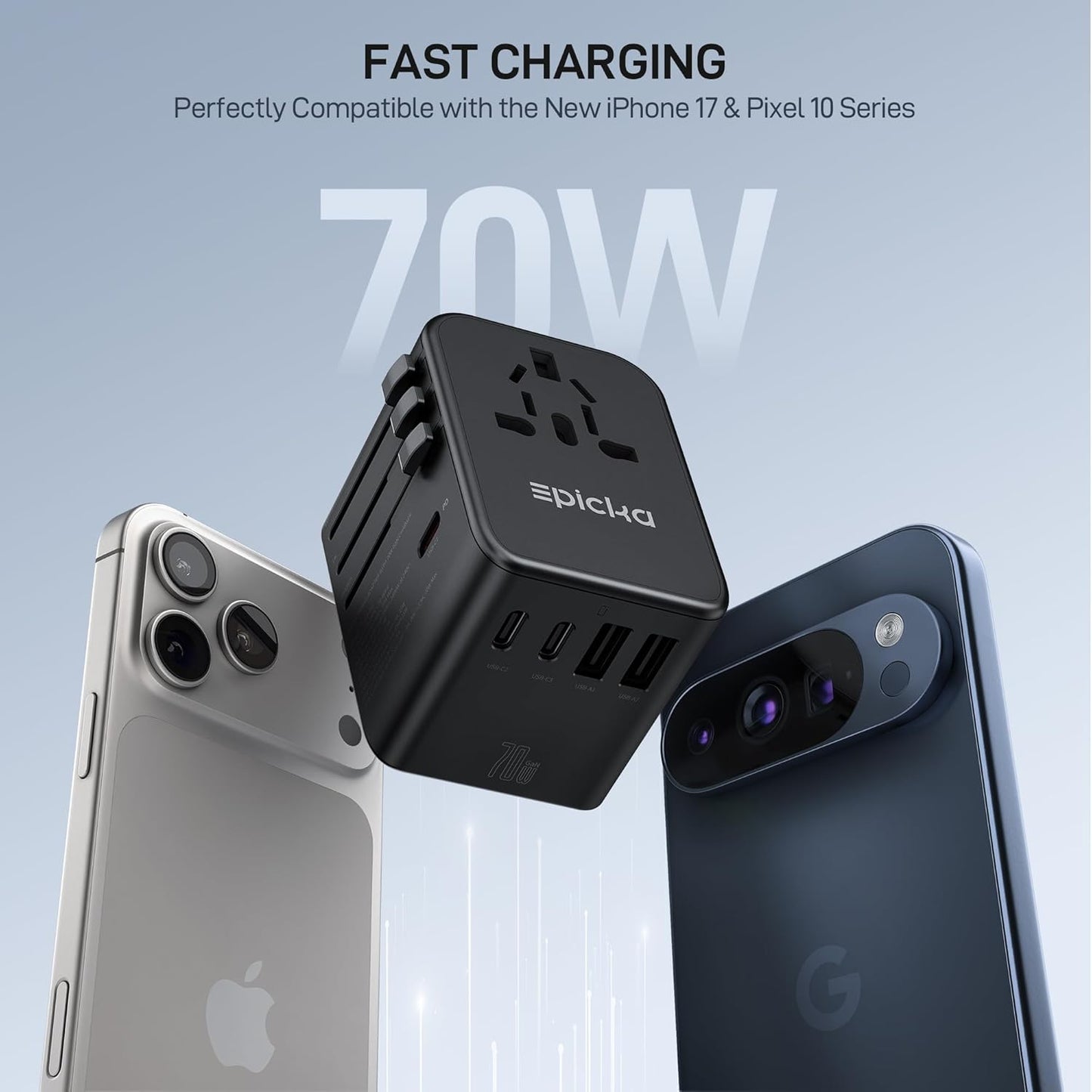 Epicka 70W GaN PD Universal Travel Adapter, 3USB-C/2USB-A | International Power Adapter for EU/US/UK/AU, PD Fast Charging for Multi-Device Travel, TA-105 Pro, Black