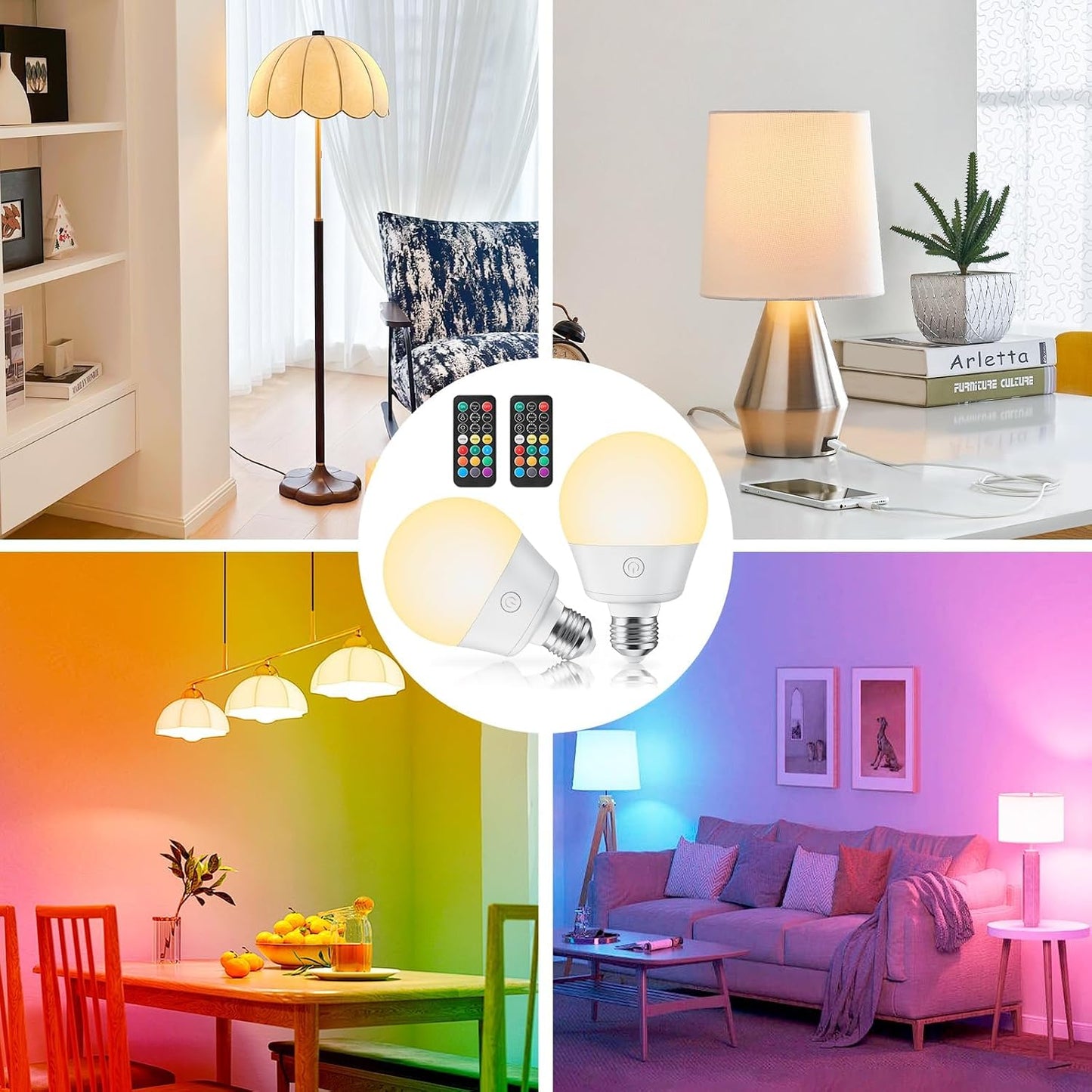 Brightown E26 Rechargeable Light Bulb with Remote and Timer | Magnetic Base, Battery Backup Bulb for Sconce, Lamps and Non-Hardwired Fixtures, 3 Color Temperatures + 9 RGB Colors, 2 Pack