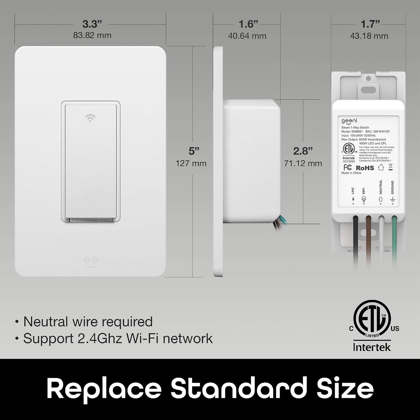 Geeni TAP Smart Light Switch, White, 1 Switch - Requires Neutral Wire - Works with Amazon Alexa and Google Home Requires 2.4 GHz Wi-Fi
