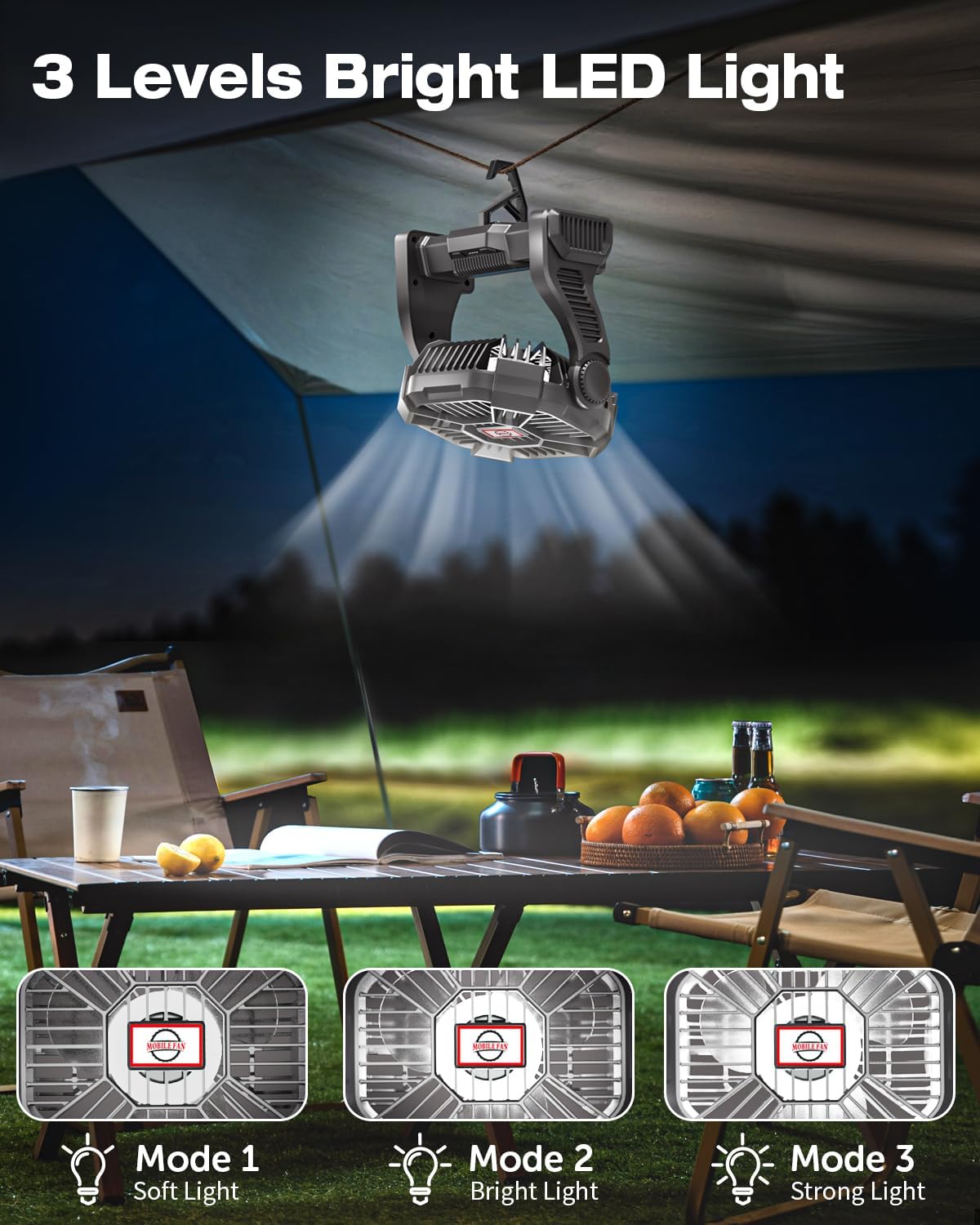AEscod Portable Camping Fan, Rechargeable Battery Operated with LED Lights, Hanging Hook, 270°Rotation, 20000mAh Battery Powered Fan for Beach, Office, Picnic, Fishing, Travel, Tent