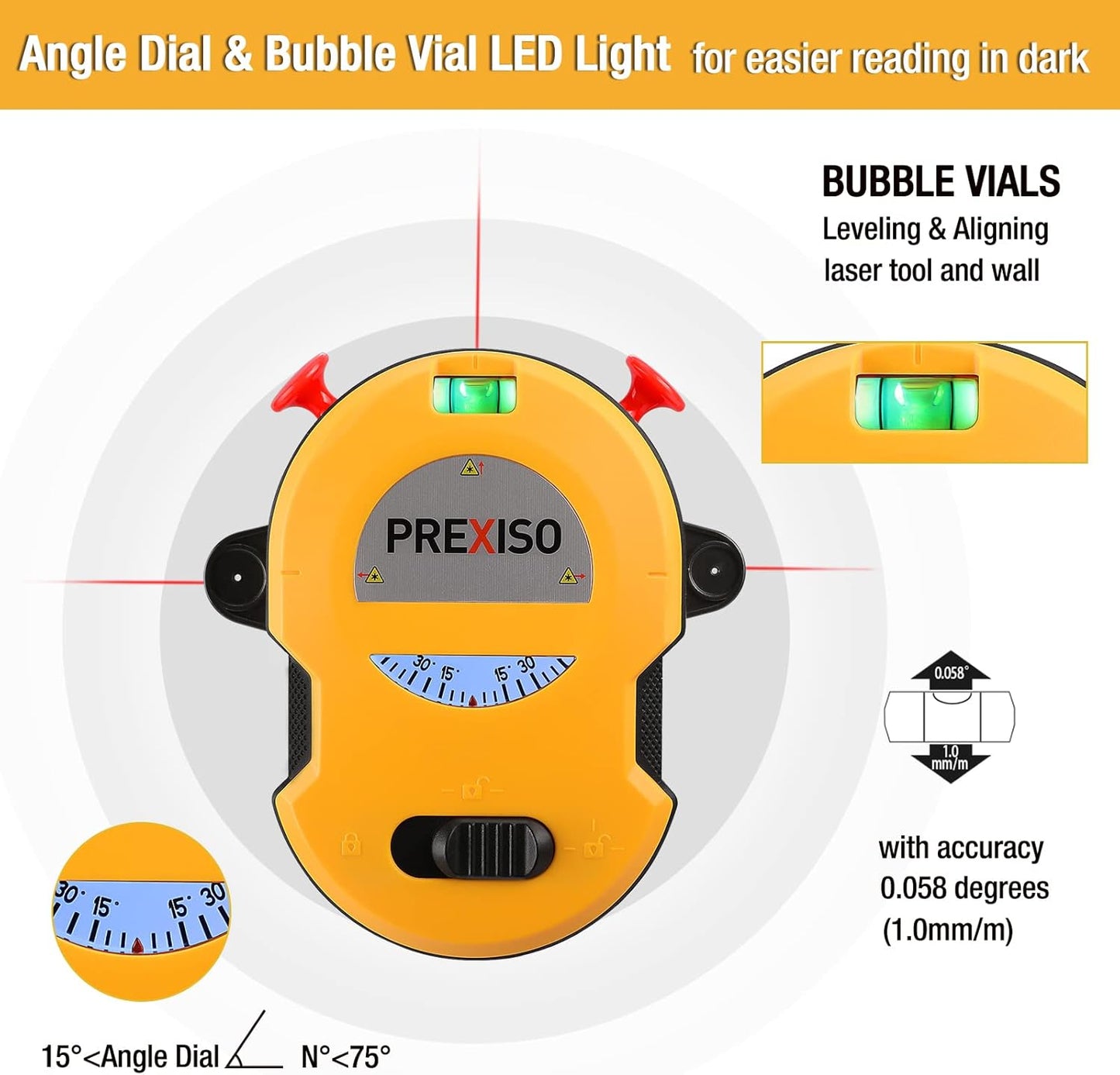 PREXISO Multi Surface Laser Level LED Light Vial, 30Ft Cross Line Laser | Clear Horizontal & Vertical Lines, Wall Mount, 2 Pins, 10 Sticker, 2 AA Batteries for Hanging Frames & Picture, Wall Marking