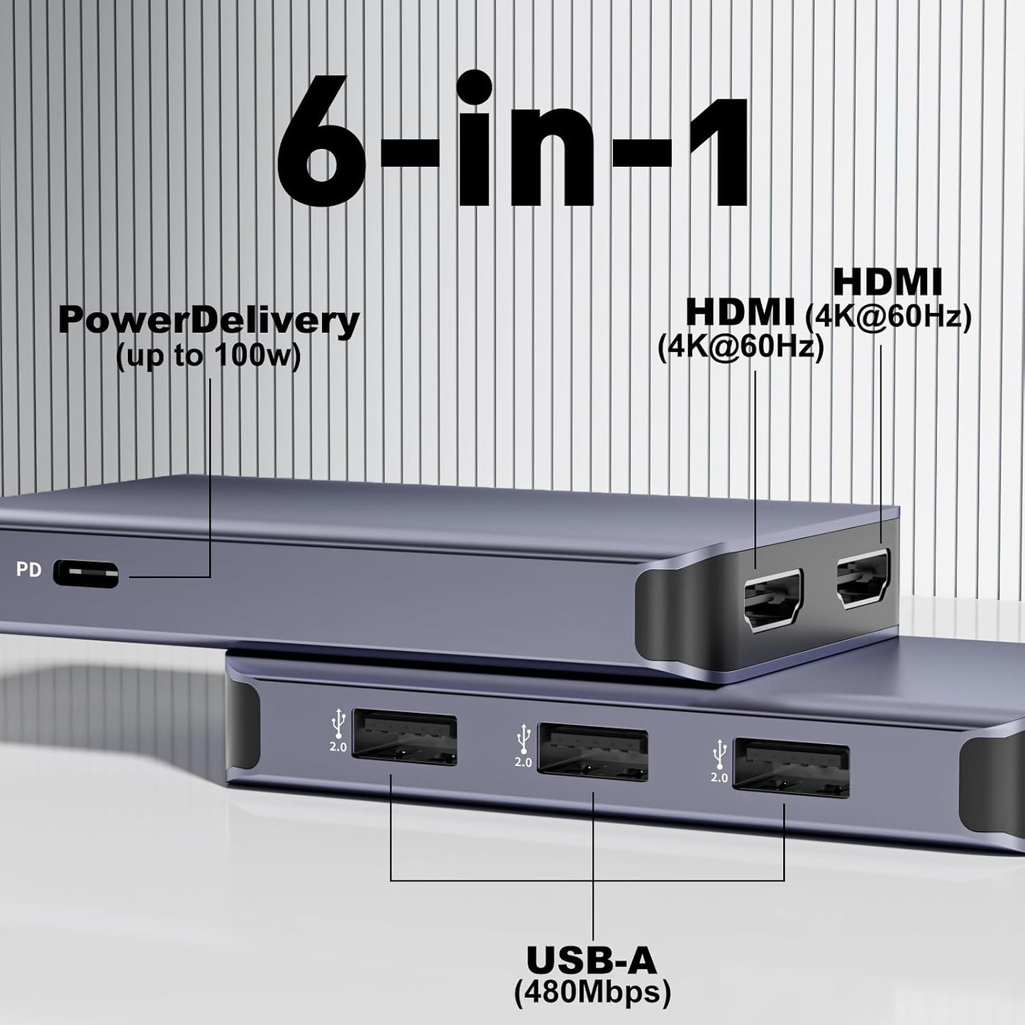 4K@60Hz USB C to Dual HDMI Adapter, 6 in 1 Docking Station Dual Monitor, 3*USB-A Data Ports, 100W PD, HDMI Splitter Extended Display Laptop USB C Hub for MacBook Neo/Air/Pro, HP, Dell and More