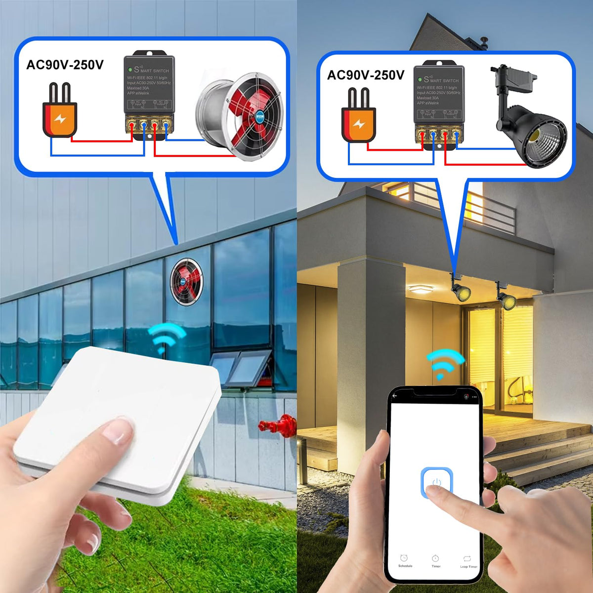 30A Hight Power WiFi Smart Switch Relay, use Ewelink APP Remote with Timer, with 2.4Ghz Wireless Transmitter, Compatible with Alexa & Google Home