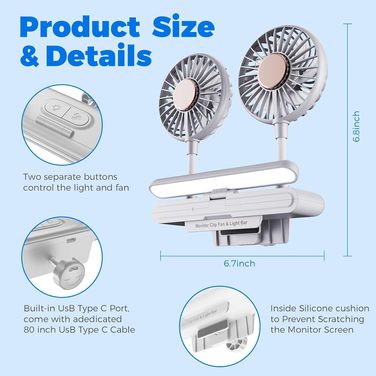Clip Fan USB-Powered Cooling Fan with LED Light Bar Glacier Silver | Space-Saving Personal fan for Monitor/Laptop/Flat/Bedside/Bookshelf/Music Stand/Reading Stand