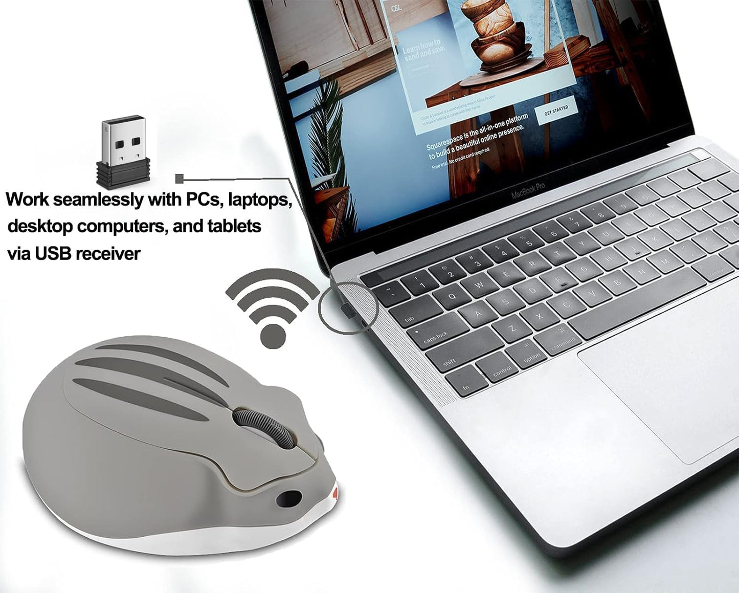 Wireless Mouse Cute Hamster Shape Silent Click Portable Compact Optical 1200DPI USB Cordless Mice for PC Laptop Computer Notebook MacBook Kids Girl Boy Men Women Adults School Office Work Gift (Gray)