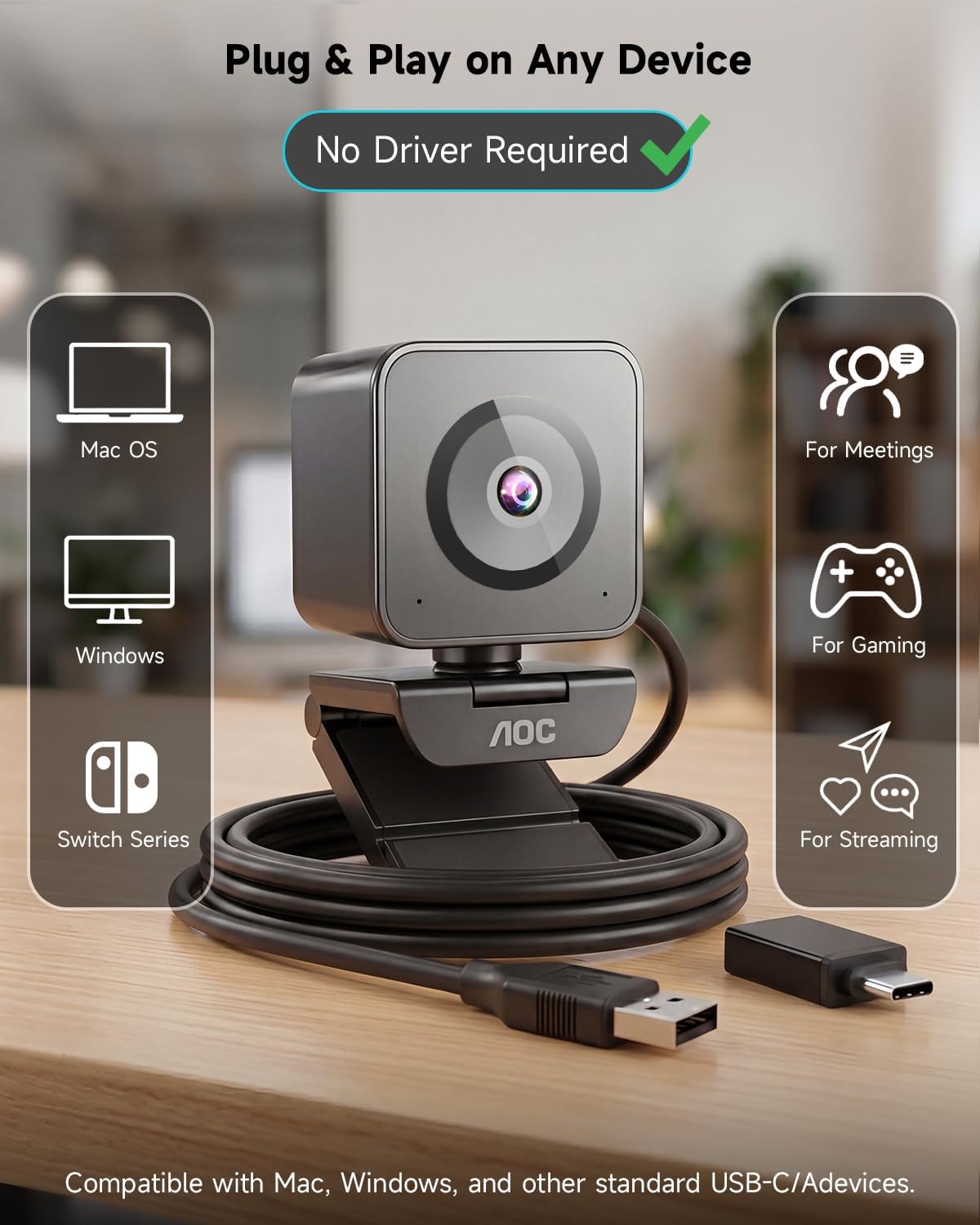 AOC 4K Webcam for PC, Sony Sensor, 1080P 60FPS Streaming Camera with PDAF | Computer Camera for Zoom/Mac/Switch 2, Privacy Cover, Plug & Play, 75° FOV, Tripod, USB A-C Adapter Included