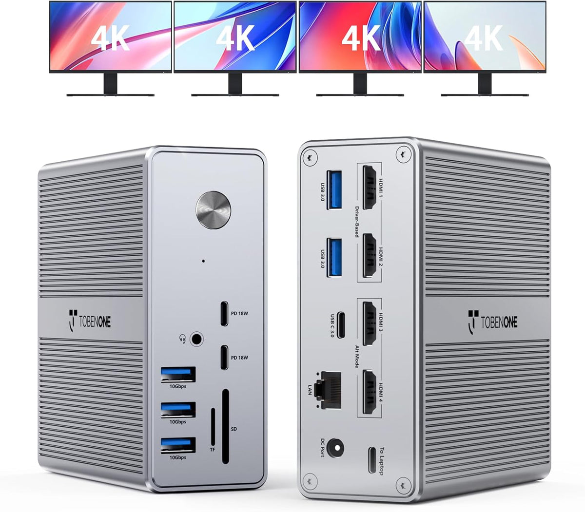 TobenONE 18-in-1 DisplayLink Docking Station 4 Monitor with 4 HDMI