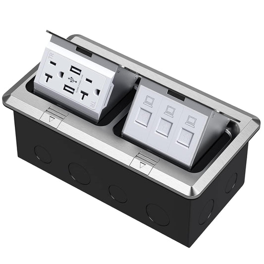 Dual Pop-Up Floor Electrical Outlet Box Kit，20 Amp Stainless Steel USB TR Receptacle Outlet，3-Port RJ45 Datacom Receptacle，Waterproof Gasket with IP44 Waterproof Rating，ETL Listed, Silver