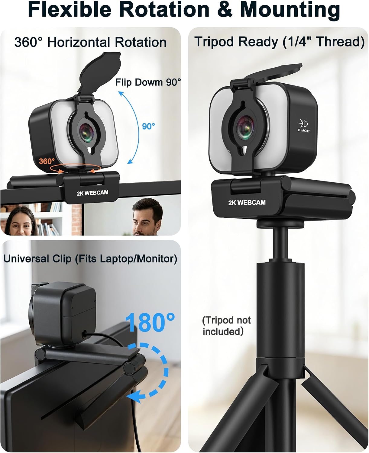 Atatat 2K Webcam for PC with Light, Microphone, Privacy Cover | Autofocus Web Camera for Desktop/Laptop/Monitor/Mac, Computer Camera for Zoom/Skype/Teams/Video Calling/Meeting