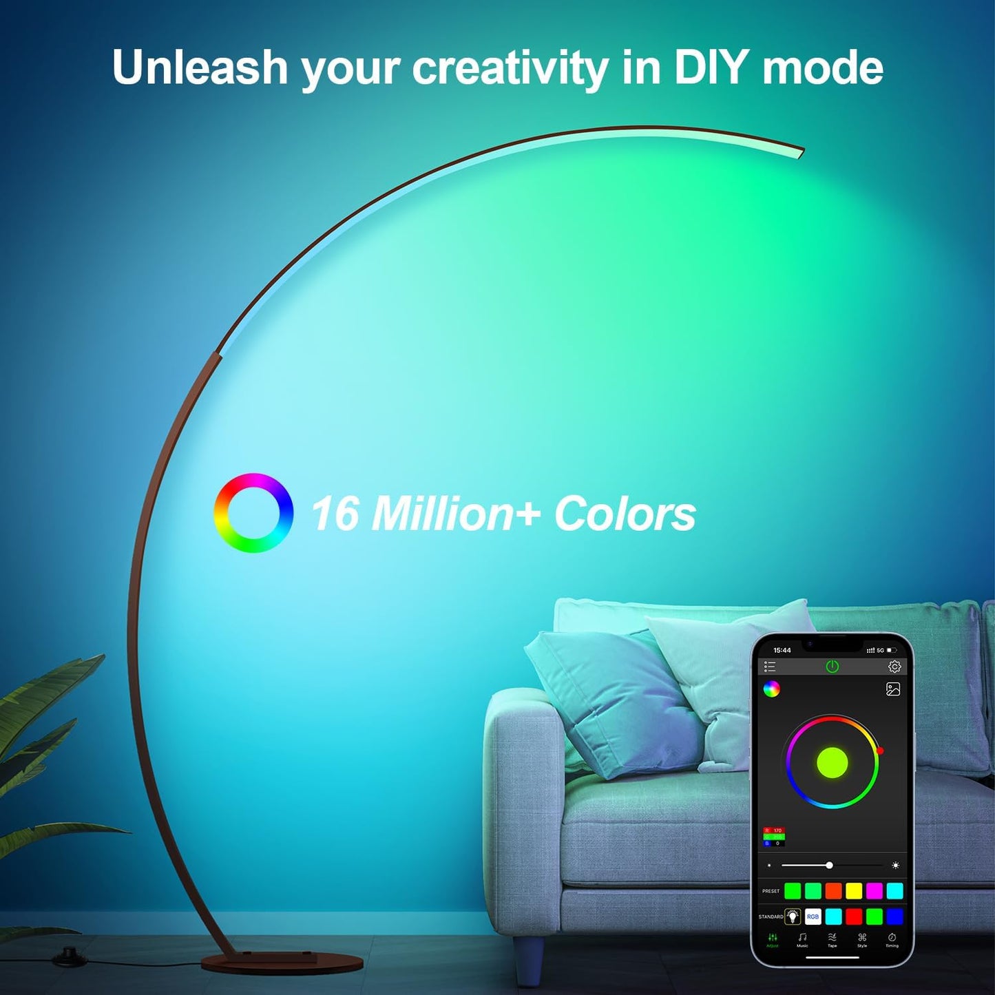 RGB Floor Lamp with 3 Color Temperatures, Ultra Bright 1800LM Smart Arc LED Floor Lamp with Remote Control, Music Sync, Scene Modes, Modern Standing Tall Lamp for Bedroom Living Room Gaming Room-Brown