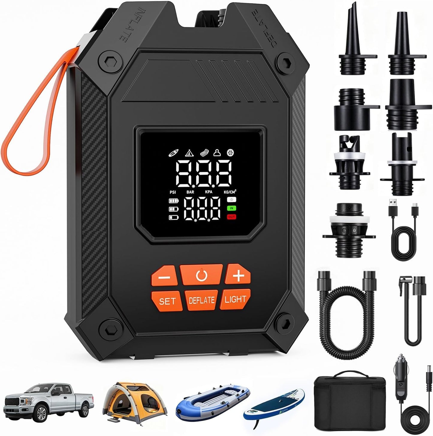 Paddle Board Electric Pump Portable 45 PSI, Dual Powered Rechargeable & 12V DC Air Sup Pump for Car Tires, Paddleboards, Kayak, Tents, Mattresses & Water Sports Inflation & Deflation, Auto-Off