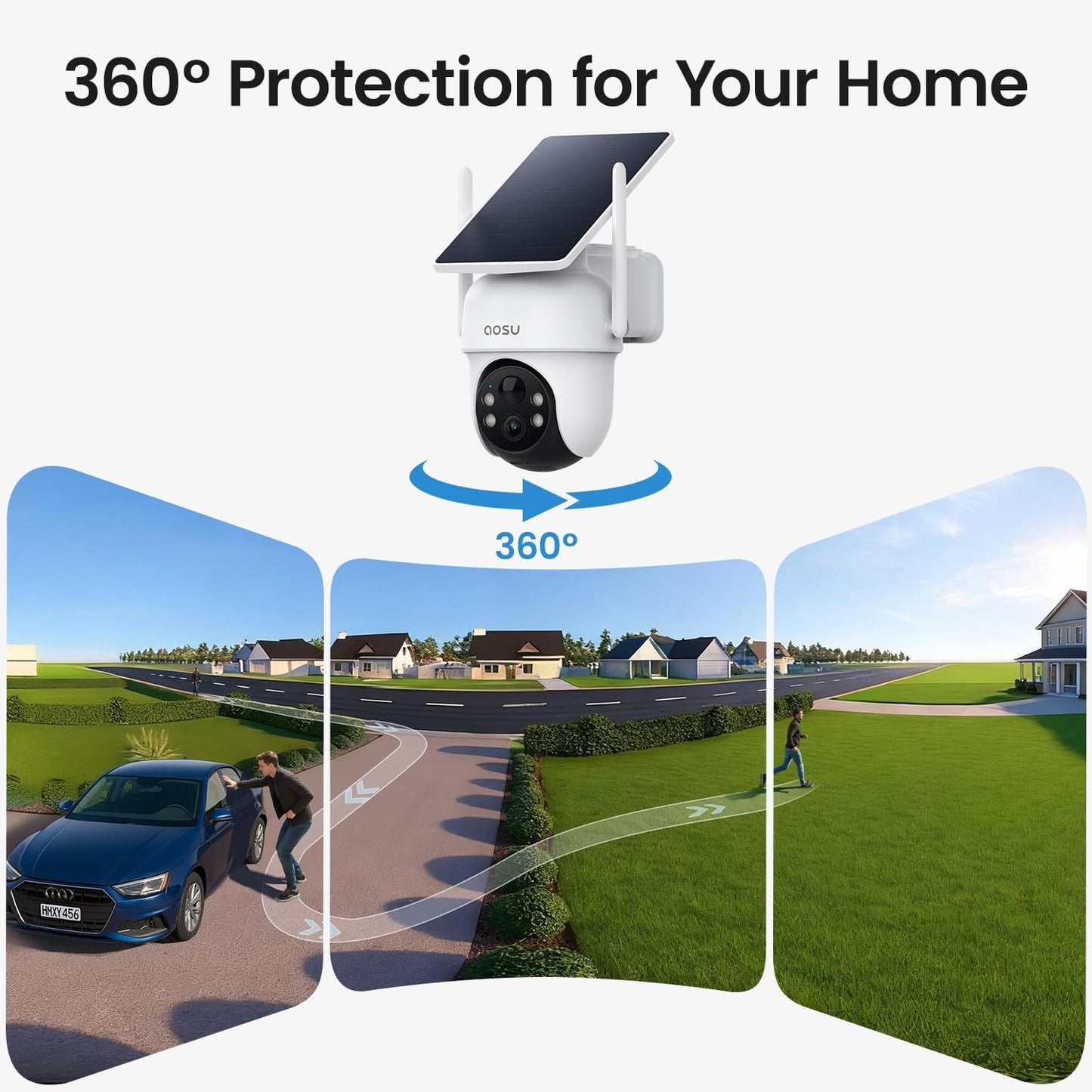 aosu D1 Classic 4-Cam Kit, Security Cameras Wireless Outdoor, Solar Powered | No Subscription Required, 32GB Build-in Storage, 360° Auto Tracking, Solar Powered, 3MP Color Night Vision, Easy Install