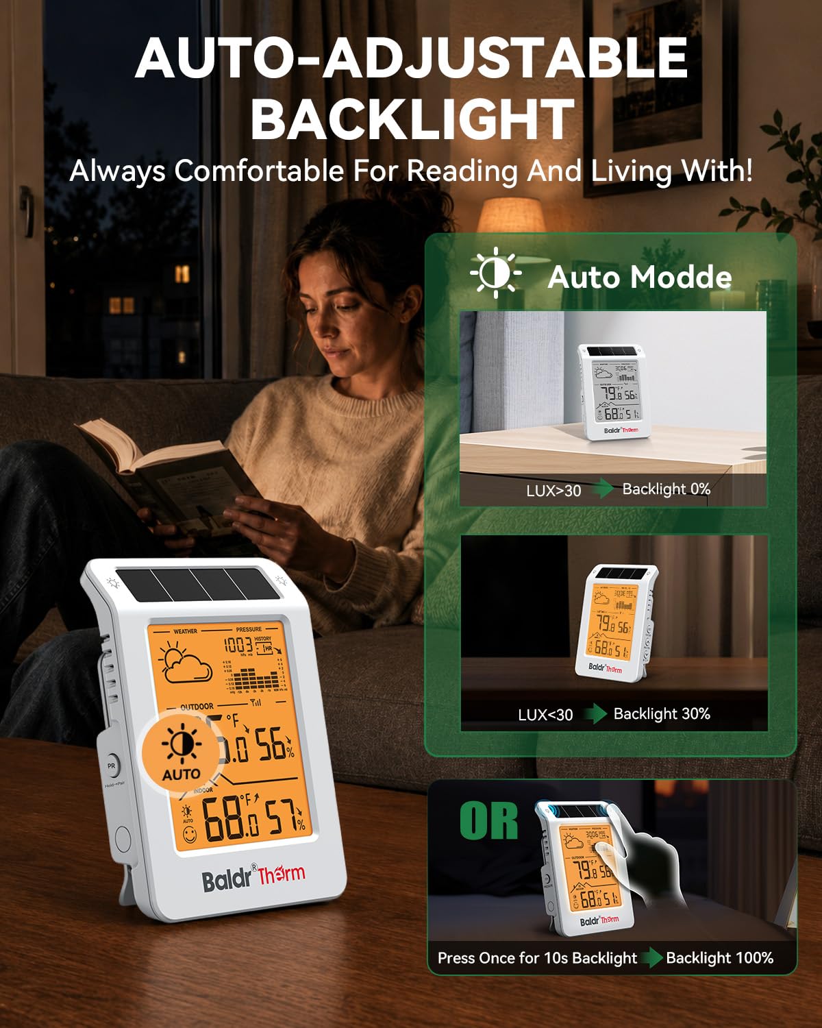 Indoor Outdoor Thermometer Wireless Solar Weather Station with Backlight