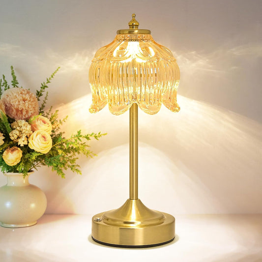 Cordless Lotus Flower Table Lamp, 5200mAh Rechargeable Battery Operated Portable Lamp, 3-Color Dimmable Touch Control Small Desk Lamp for Bedroom, Office, Kitchen, Nightstand,Room Decor (Flower Amber)
