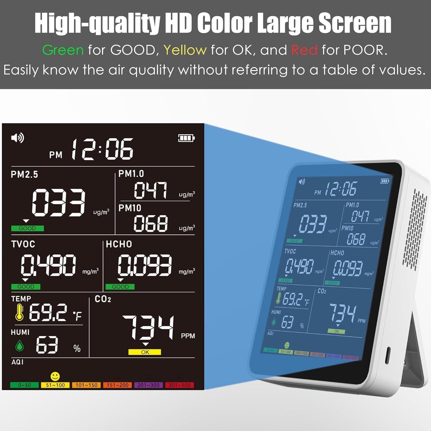 16-in-1 Indoor Air Quality Monitor, High-Precision Multi-Parameter Smart Air Quality Tester with HD Real-Time Color Screen, Portable Air Quality Monitor for Home, Office, Cars, School, Bedroom