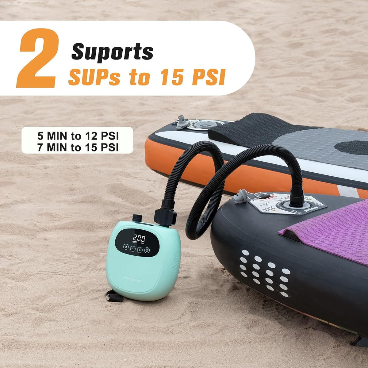 dwndpump Paddle Board Electric Pump, Rechargeable Battery-Powered Auto-Off | 20 PSI Portable Cordless Dual-Stage Inflation/Deflation, with 7 Valve Adapters, Inflatables for Kayaks, Wind Wings, SUPs