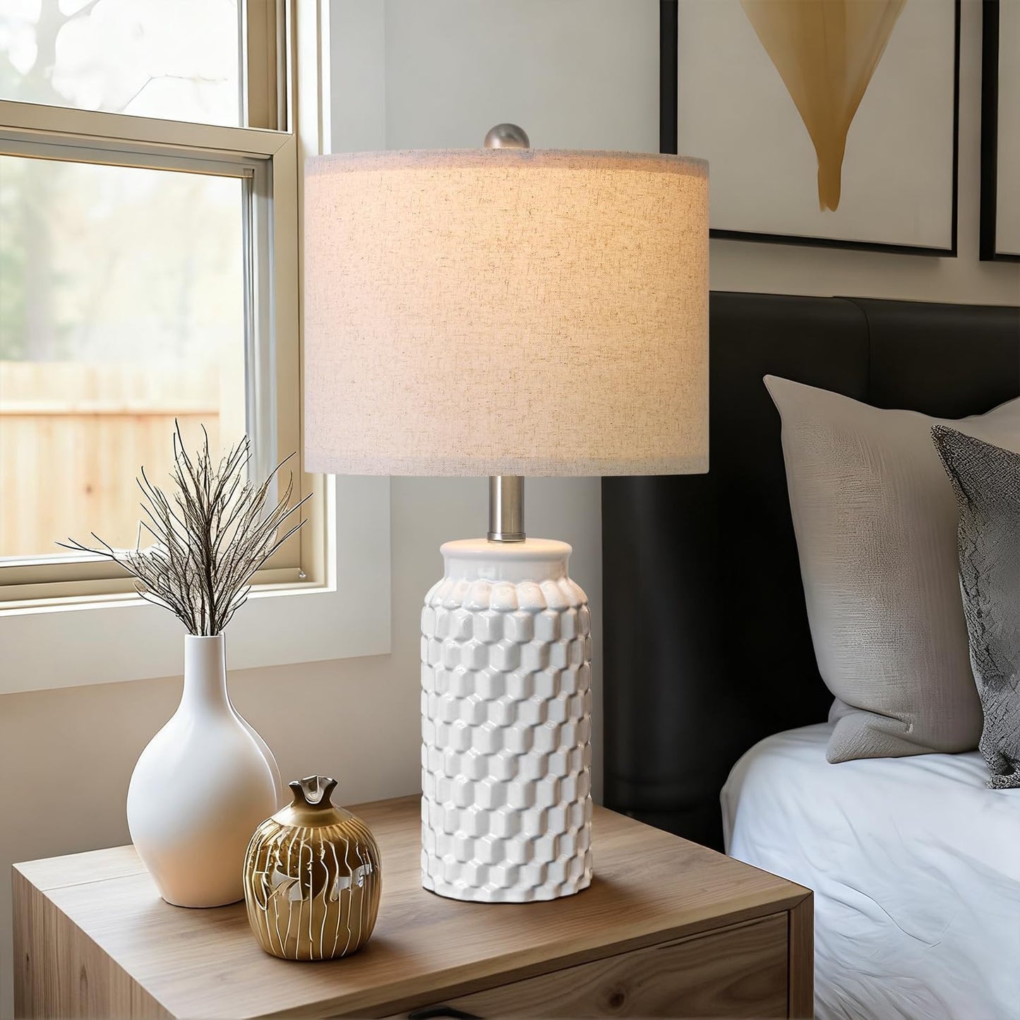 USumkky 20.5" White Modern Ceramic Bedside Lamps Set of 2, Small Table Lamp for Bedroom Decor Farmhouse Nightstand Lamp for Living Room Office